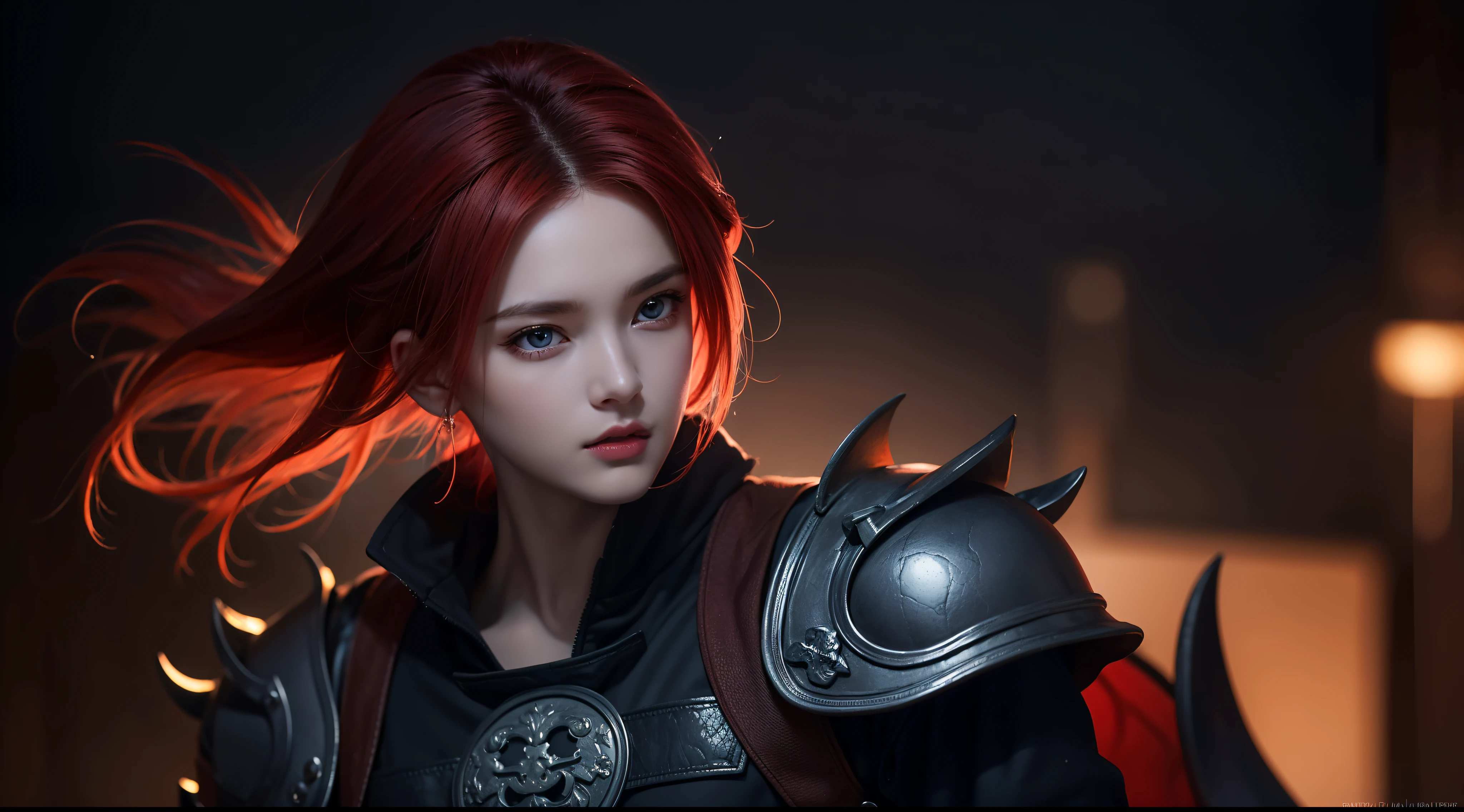 An 8k masterpiece, Highest resolution, Every detail, Meticulous details, Depth of field, bright colors, Nice layout: takes on a gorgeous Gohan anime character with brilliant red hair and beautifully detailed glowing eyes, standing on a dark and ominous background. This handsome demon slayer is the epitome of the bad guys in the fantasy art world.