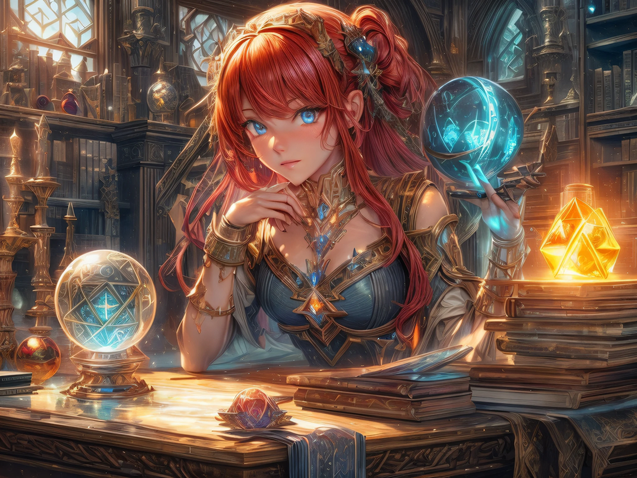 arafed, high details, best quality, 16k, [best detailed], masterpiece, best quality, (extremely detailed), a view from the rear (best details, Masterpiece, best quality), photorealistic, fantasy art, RPG art, a picture of a human mecha woman sorceress sittings in her magical lab, divining distant places in her crystal ball, epic beautiful human woman (best details, Masterpiece, best quality), ultra detailed face (best details, Masterpiece, best quality), red hair, short hair, red eyes, dynamic dress (best details, Masterpiece, best quality), magical library, with many books, and magical runes and wards, glowing arcane sigils GlowingRunes_paleblue, crystal ball (best details, Masterpiece, best quality) on table, runes on crystal balls GlowingRunes_yellow, fantasy magical library background (best details, Masterpiece, best quality), Ultra-Wide Angle, high detail, award winning, best quality, HD, 16K, 3D rendering, high details, best quality, highres, ultra wide angle, 3D rendering, [[anatomically correct]]