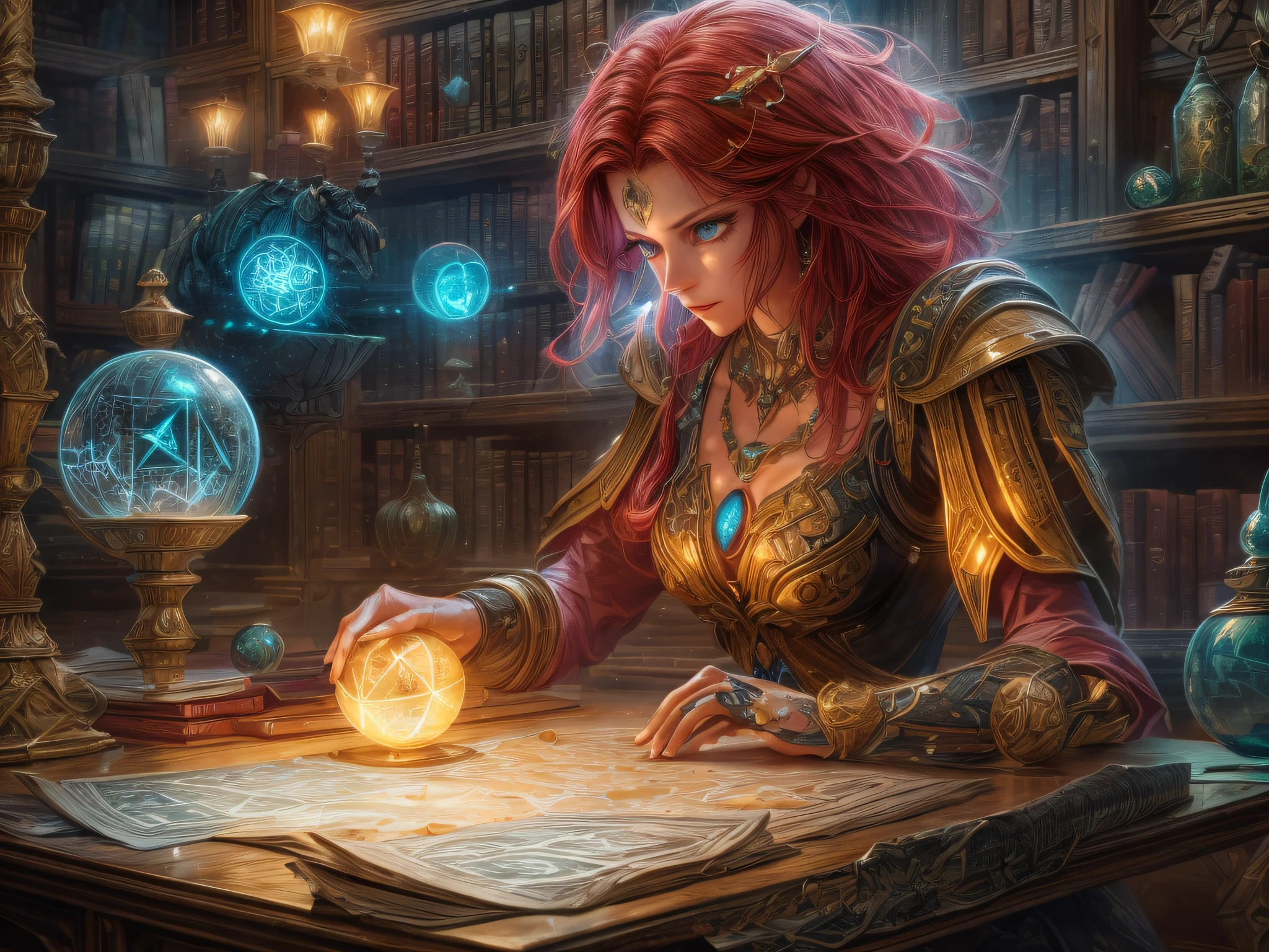 arafed, high details, best quality, 16k, [best detailed], masterpiece, best quality, (extremely detailed), a view from the rear (best details, Masterpiece, best quality), photorealistic, fantasy art, RPG art, a picture of a human mecha woman sorceress sittings in her magical lab, divining distant places in her crystal ball, epic beautiful mecha human woman (best details, Masterpiece, best quality), ultra detailed face (best details, Masterpiece, best quality), red hair, short hair, red eyes, dynamic dress (best details, Masterpiece, best quality), magical library, with many books, and magical runes and wards, glowing arcane sigils GlowingRunes_paleblue, crystal ball (best details, Masterpiece, best quality) on table, runes on crystal balls GlowingRunes_yellow, fantasy magical library background (best details, Masterpiece, best quality), Ultra-Wide Angle, high detail, award winning, best quality, HD, 16K, 3D rendering, high details, best quality, highres, ultra wide angle, 3D rendering, [[anatomically correct]]
