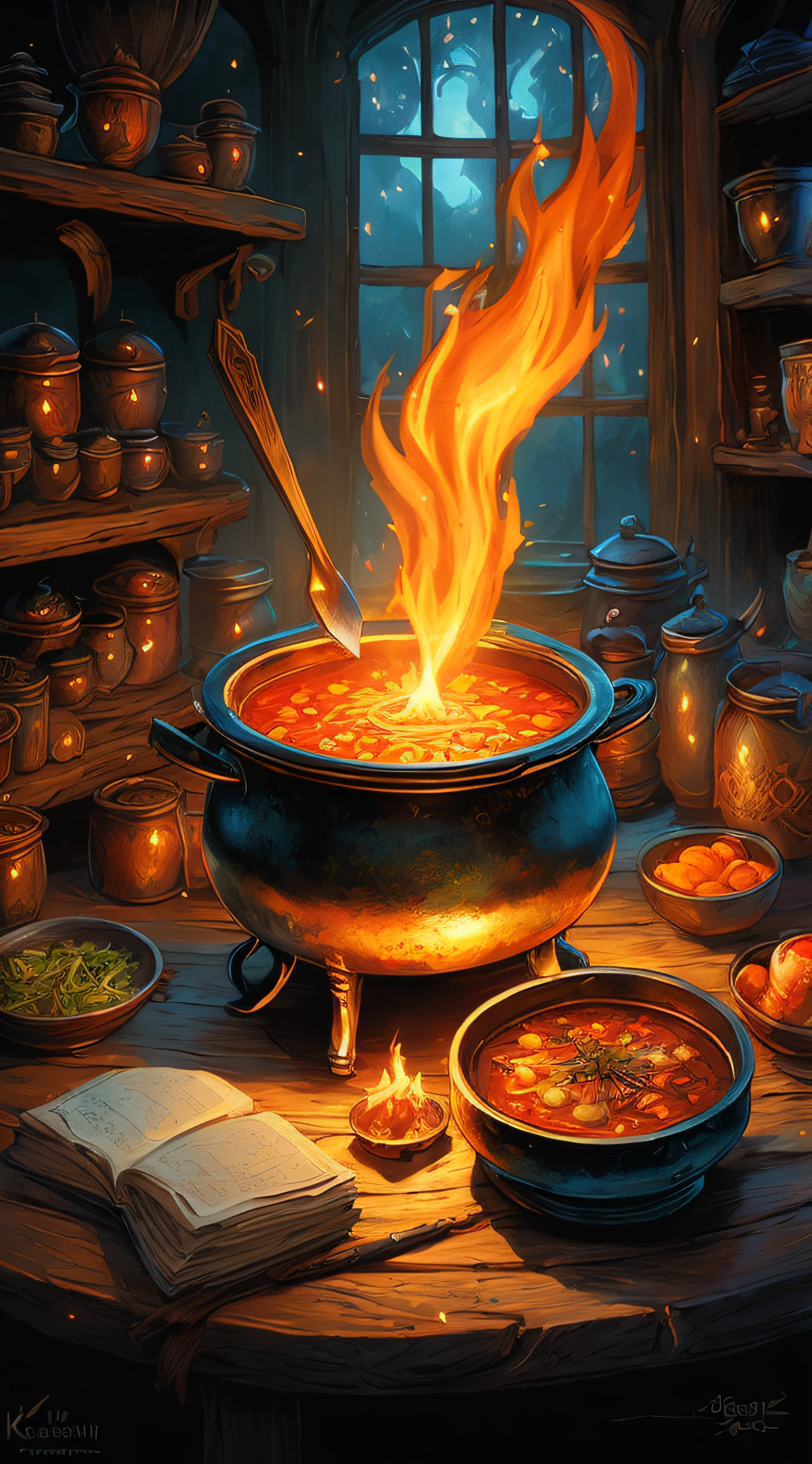 there is a pot of soup on a table with a book, holy fire spell art, fantasy rpg book illustration, fantasy book illustration, magical cauldron, full art illustration, by Jason Benjamin, realistic fantasy illustration, hearthstone card game artwork. ”, by Kerembeyit, fire spell, fantasy tavern background, flame spell, hearthstone card artwork, collectible card art