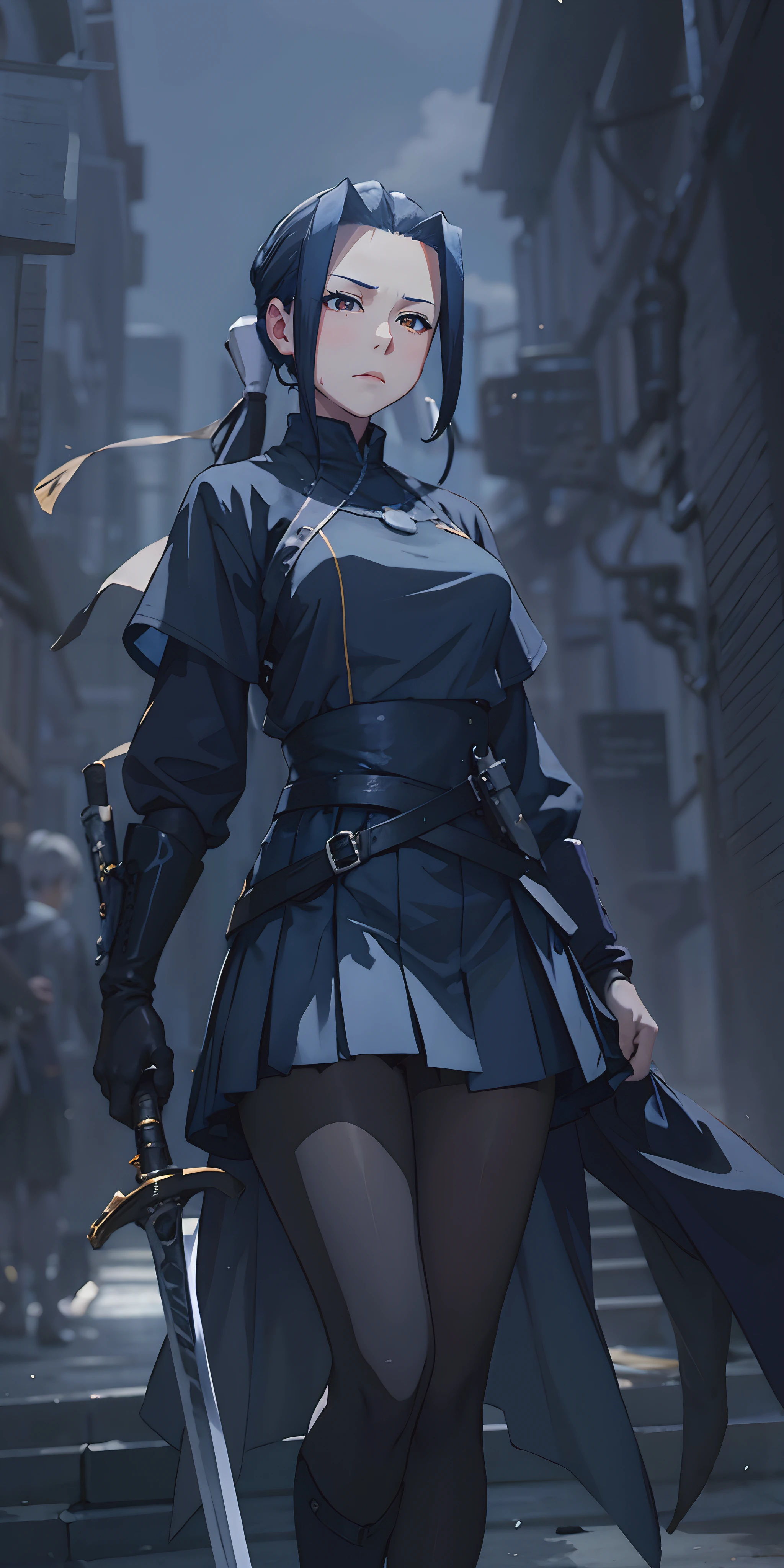 1girl, weapon, blonde_hair, solo, skirt, sword, holding, pantyhose, holding_weapon, black_legwear, gloves, belt, jewelry, closed_mouth, standing, looking_at_viewer, necklace, bangs, black_gloves, holding_sword, breasts, short_hair, miniskirt, pleated_skirt, hair_between_eyes, blue_eyes, "long shot scenic professional photograph of {prompt}, perfect viewpoint, highly detailed, wide-angle lens, hyper realistic, with dramatic sky, polarizing filter, natural lighting, vivid colors, everything in sharp focus, HDR, UHD, 64K", anime coloring, anime screencap, sweating, steaming body, fog