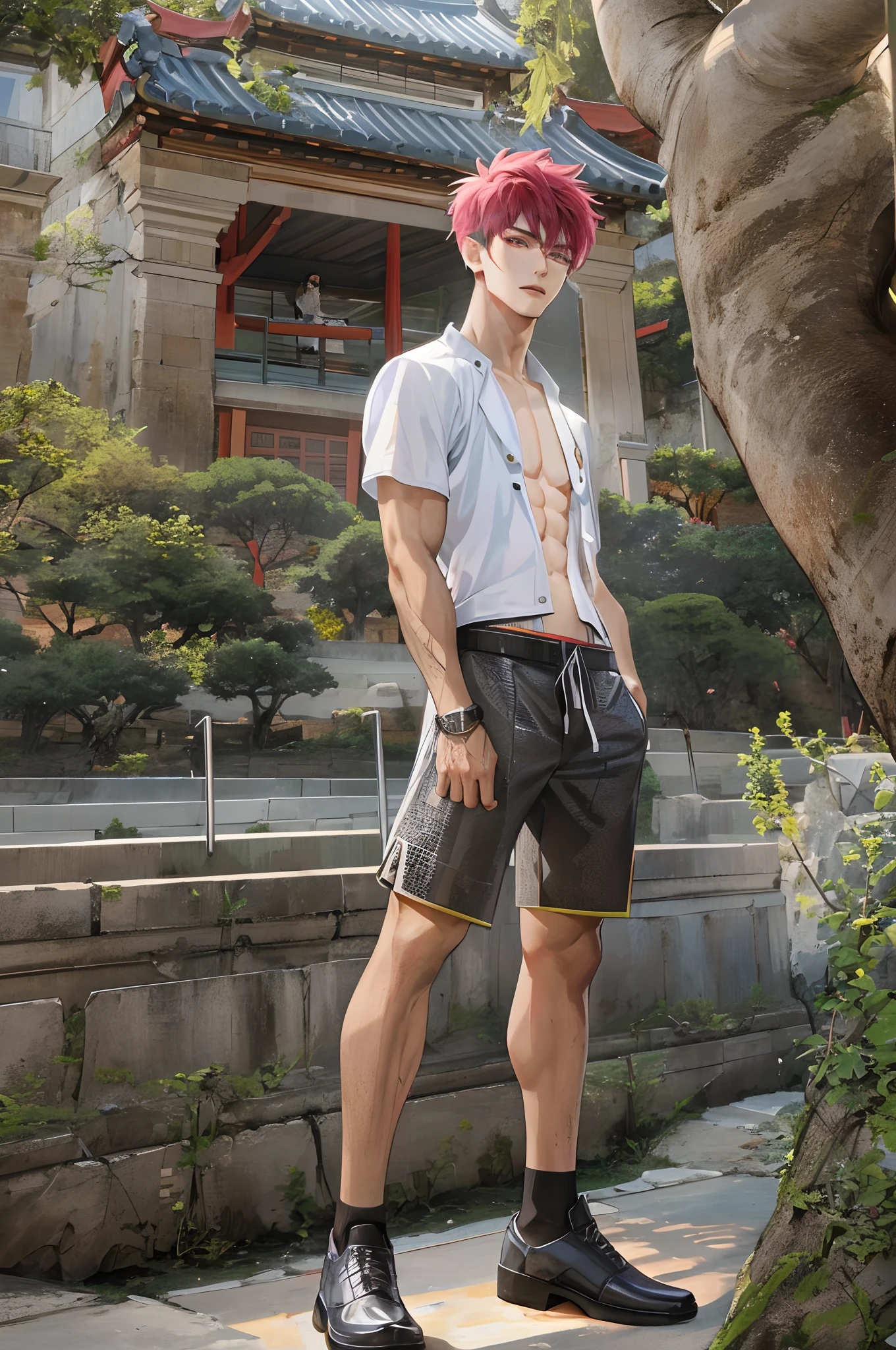 Absurdres masterpiece HDR high quality picture of a Kpop boy in sharp HD graphics, with his calm eyes and chiseled jawline, topless wearing a trunks that accentuates his lean physique. His short hair is styled in a korean student, giving him an air of confidence and charm as he stands against a beautiful backdrop