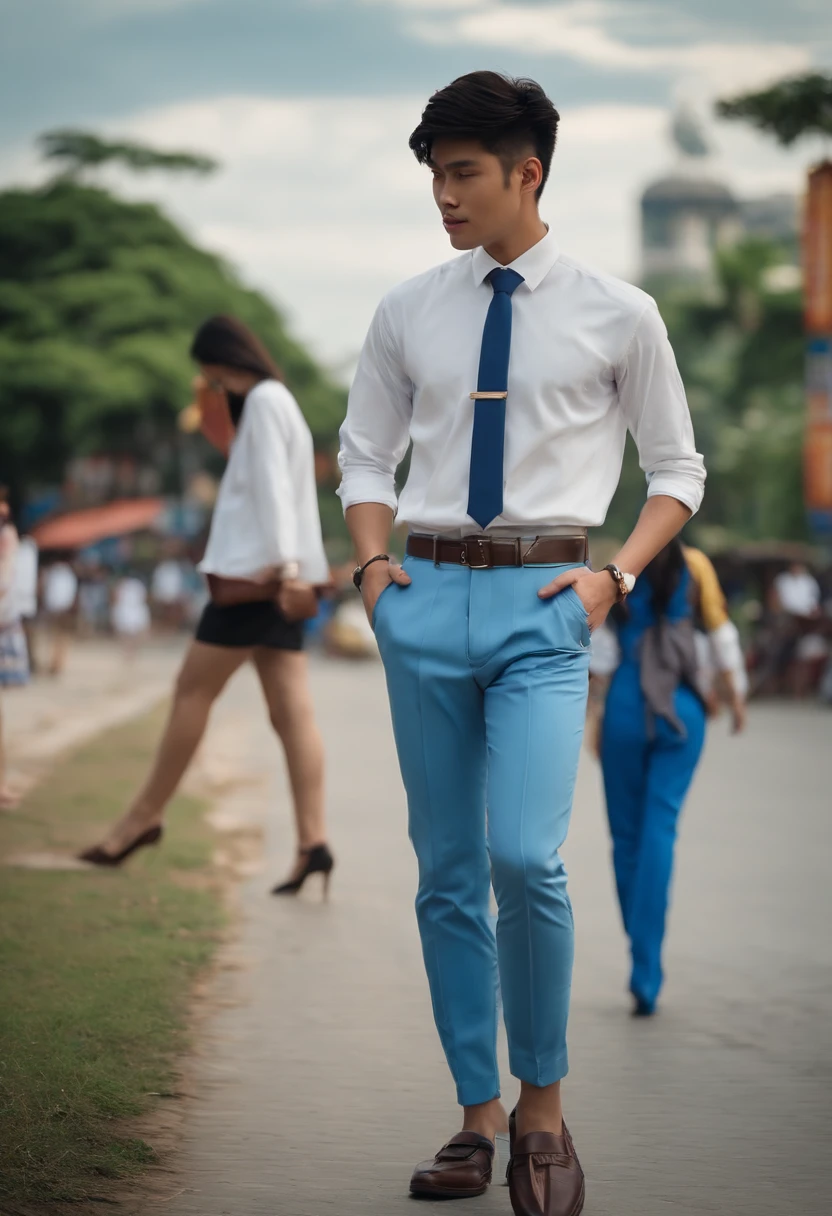 a Thai handsome male student wearing a white long- sleeved shirt, a blue tie, a belt, blue pants, and leather shoes standing opposite side a Thai beautiful female student wearing a white blouse, a blue skirt, and black shoes with a distant background of people walking on a street