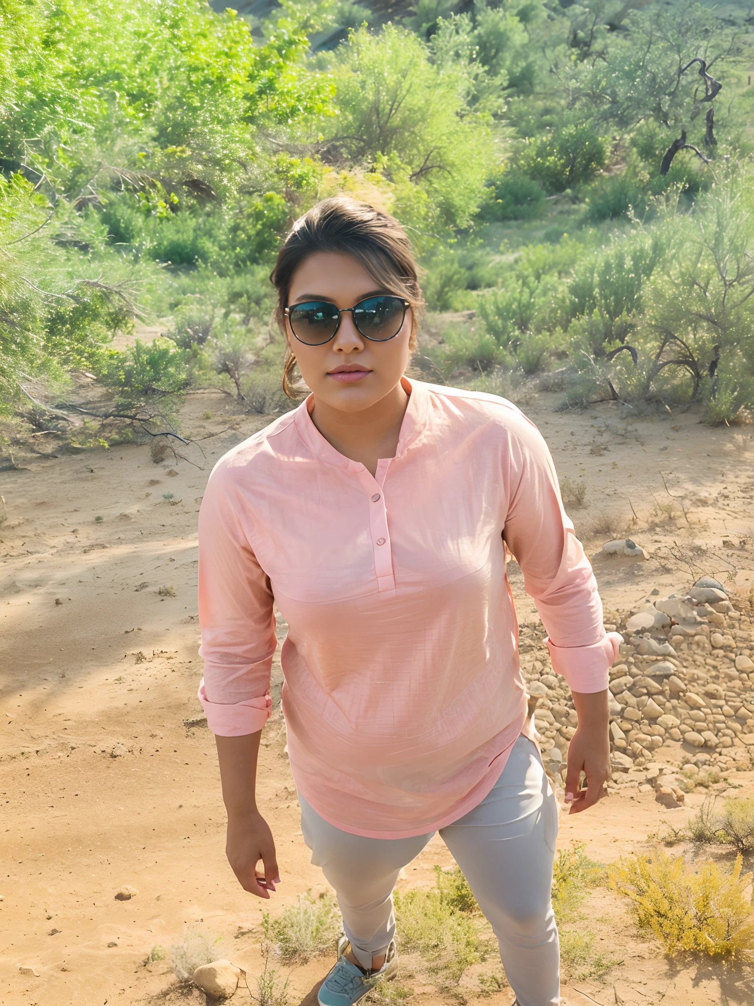 a high fashion close up portrait of a female plus size model in the desert wearing minimalistic yellow clothes, cloudy sunset, photo realistic