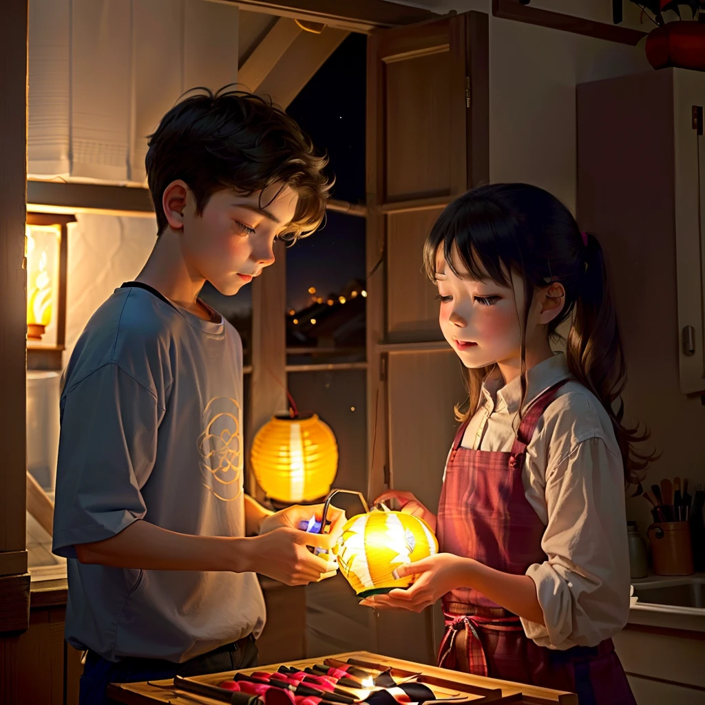 A boy and a girl are decorating lanterns together at the weekend