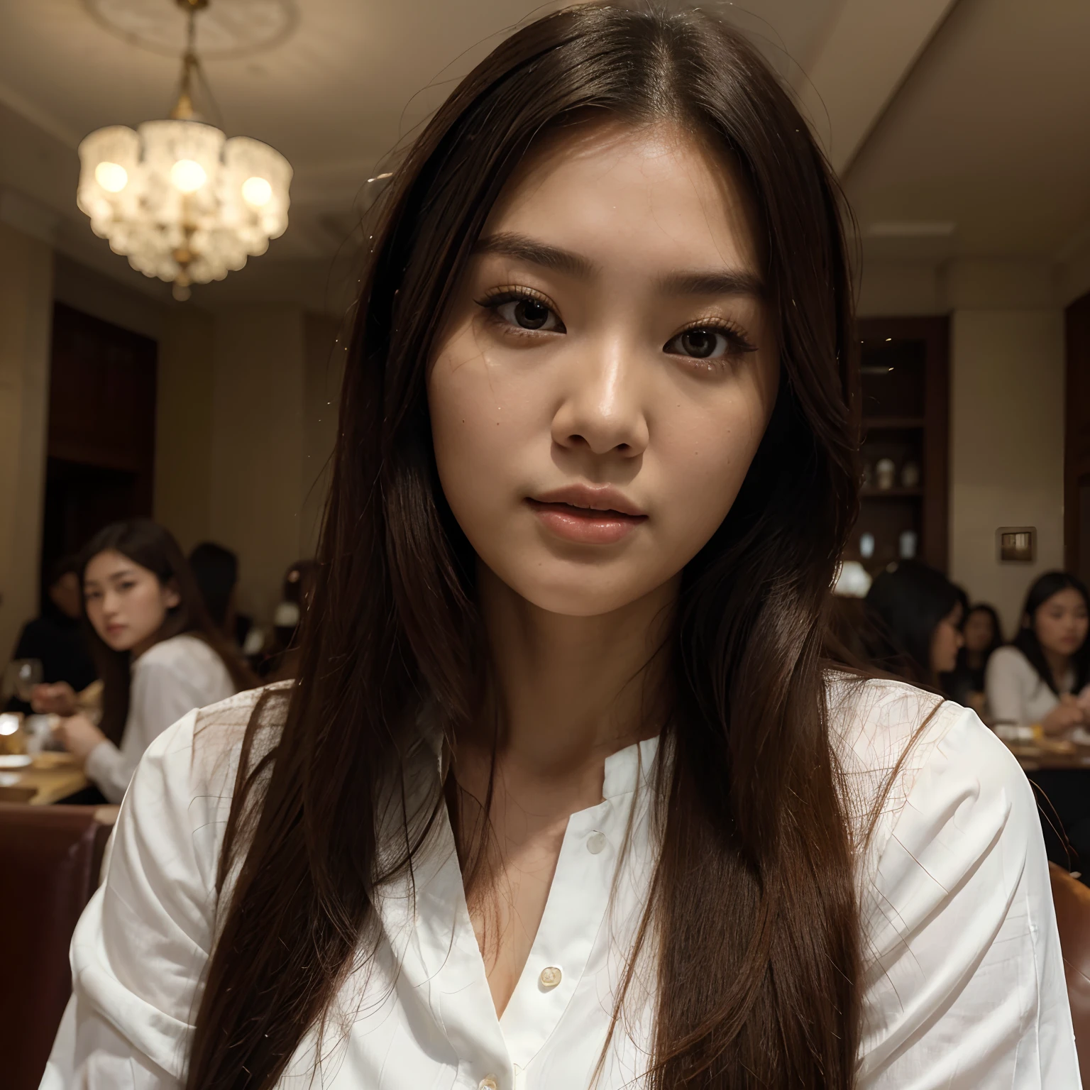 (masterpiece, best quality, ultra high res, beautiful detailed hair detailed face, perfect feminine face), there is a woman with long hair and a white blouse in the middle of restaurant, an asian woman, asian girl, a young asian woman, south east asian with round face, asian female, beautiful asian girl