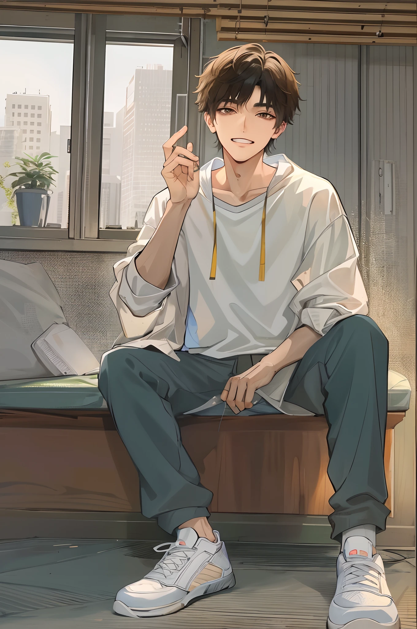Absurdres masterpiece HDR high quality Picture a young handsome Korean boy from webtoon with warm and friendly features wearing a simple and comfortable casual outfit. He sports a clean, fresh haircut that accentuates his natural good looks, and a smirking face and anime eyes