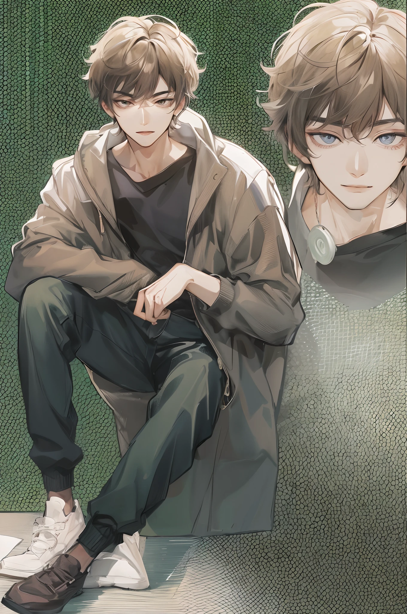 Absurdres masterpiece HDR high quality Picture a young handsome Korean boy from webtoon with warm and friendly features wearing a simple and comfortable casual outfit. He sports a clean, fresh haircut that accentuates his natural good looks, and a smirking face and anime eyes