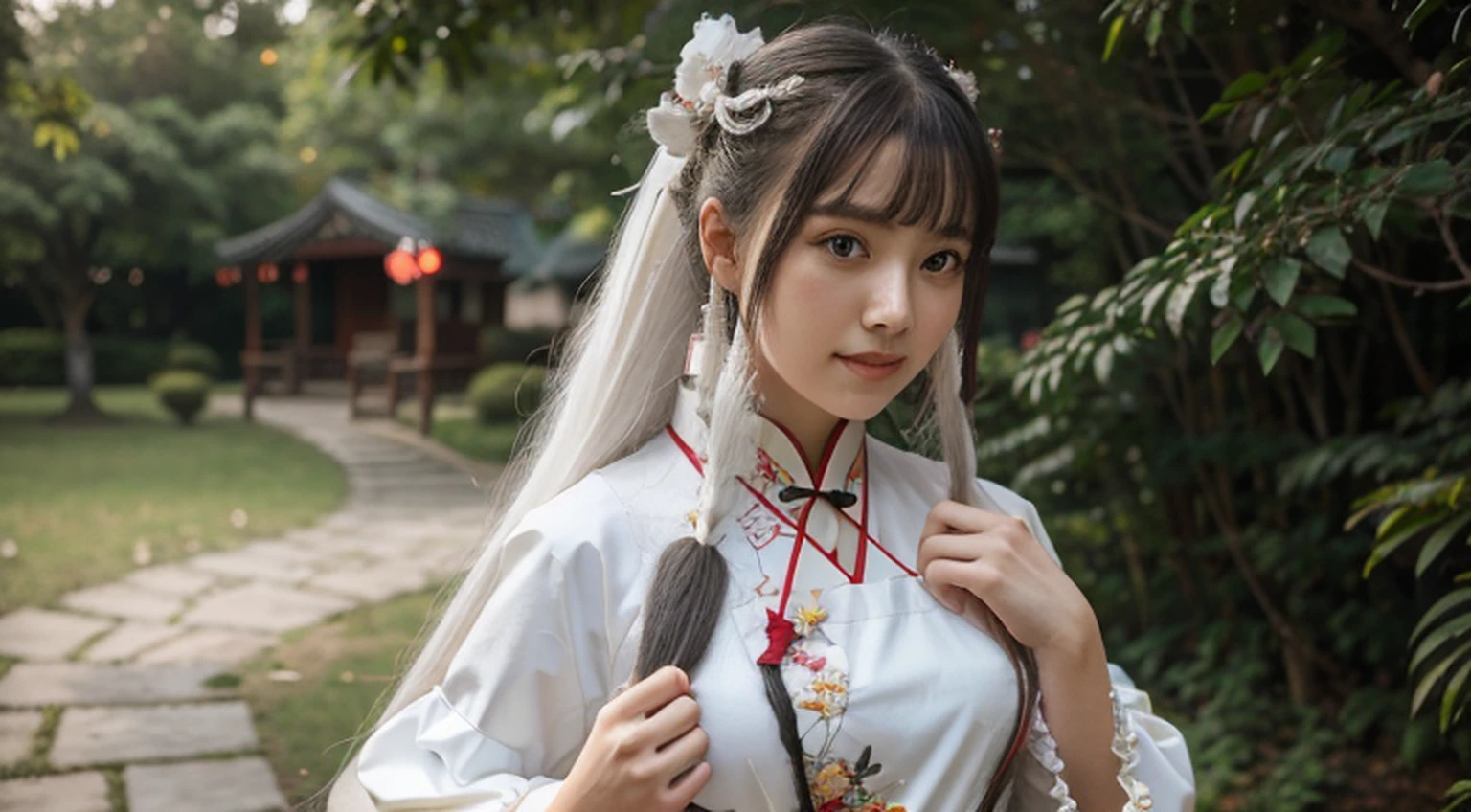 Masterpiece, Best quality, 1girll, Solo, Long hair, view the viewer, Smile, bangs, hair adornments, Red eyes, Long sleeves, dress, standing, 鎖骨, White hair, whaite hair, alternate costume, Wide sleeves, tree, Chinese clothes, Hairpin, Hanfu, ningguangrnd (Genshin Impact), ningguangrnd,