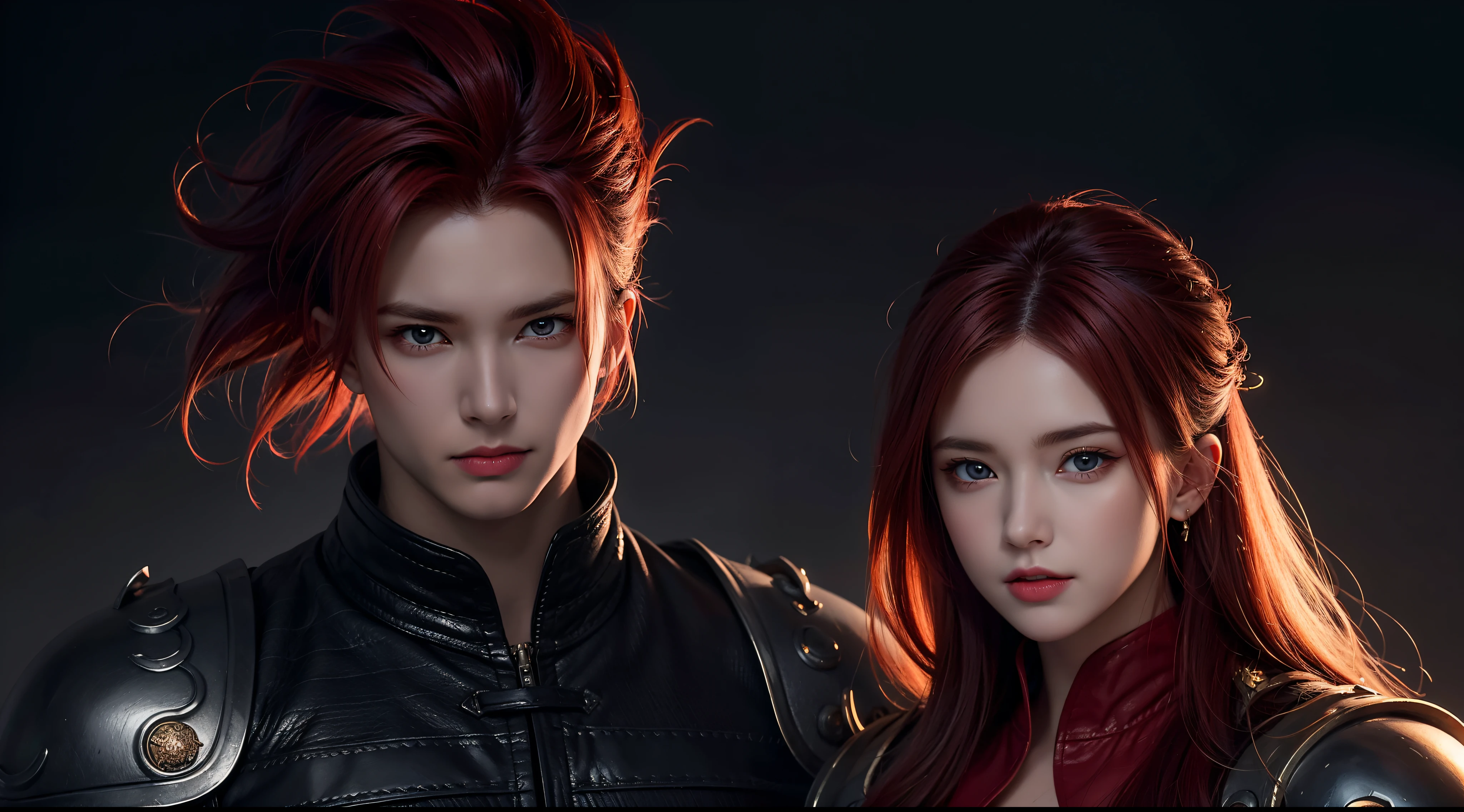 An 8k masterpiece, Highest resolution, Every detail, Meticulous details, Depth of field, bright colors, Nice layout: takes on a gorgeous Gohan anime character with brilliant red hair and beautifully detailed glowing eyes, standing on a dark and ominous background. This handsome demon slayer is the epitome of the bad guys in the fantasy art world.