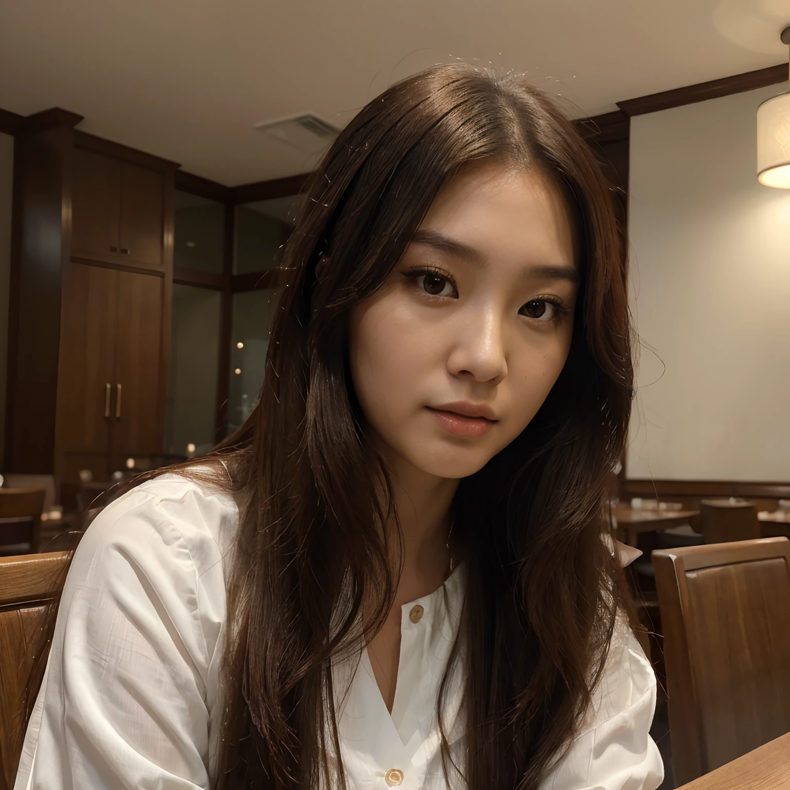 (masterpiece, best quality, ultra high res, beautiful detailed hair detailed face, perfect feminine face), there is a woman with long hair and a white blouse in the middle of restaurant, an asian woman, asian girl, a young asian woman, south east asian with round face, asian female, beautiful asian girl