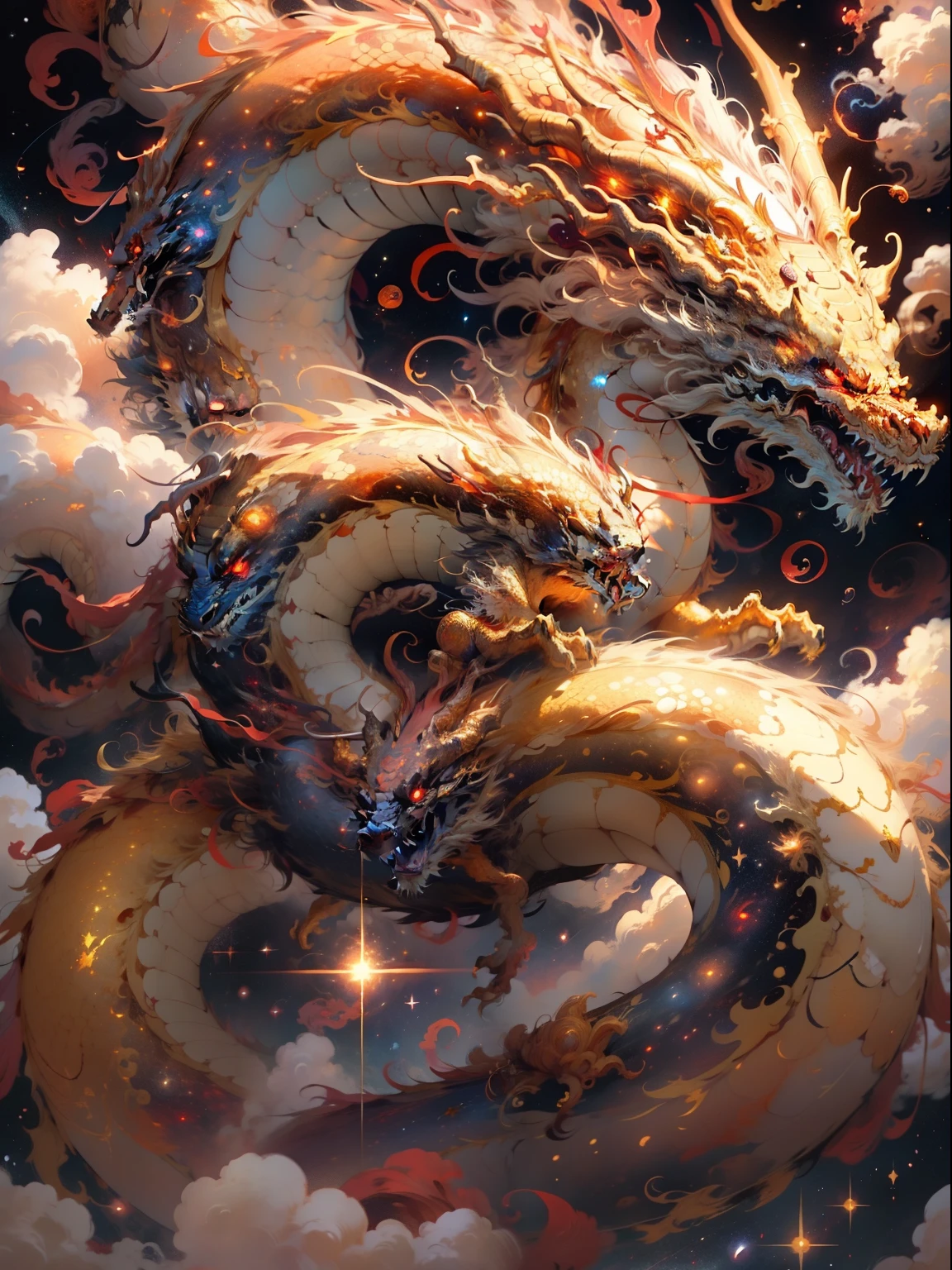 White Dragon,Above the Clouds,Fire and sun in the background、Golden Dragon、Silver Dragon、Close-up of face