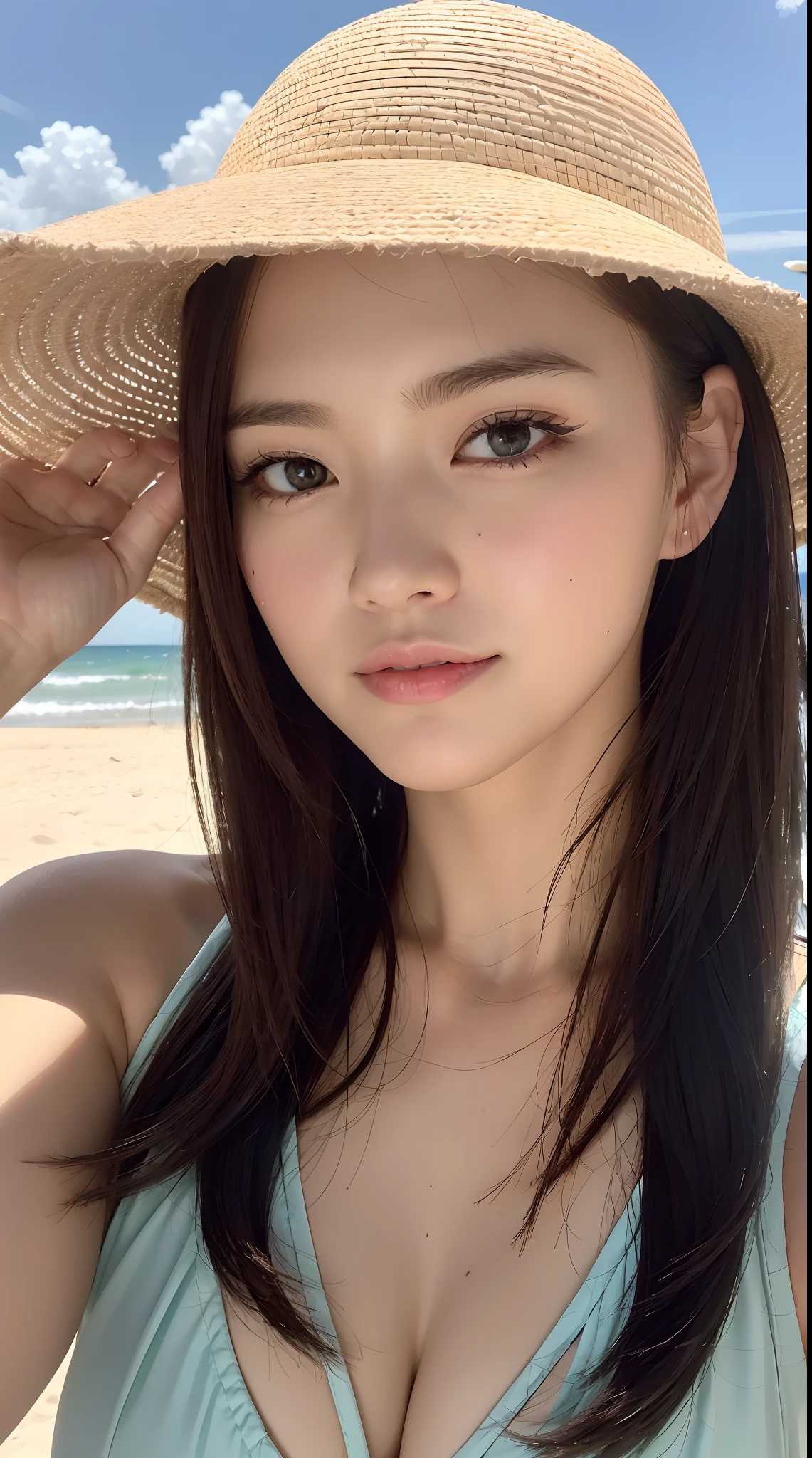 Eyes with a beautiful finish、Lips with a beautiful finish、extremely detailed eye and face、long eyeslashes
(high high quality,4k,8k,k hd,tmasterpiece:1.2),ultra - detailed,(Photorealsitic,Photo-real:1.37),High-quality detail depictions,professional,Vivid colors,bokeh
oil painting,sea beach,Bright sunlight,swell sea,Sand,Sail ships,Coconut Palm
Precautions:
- Please generate the appropriate prompt based on my topic description,The subject of the picture is a woman on the beach,The details depict the facial features of the woman、Physical characteristics and details of clothing。
- Emphasize high-quality images within the prompt,The highest quality and high resolution are required,Able to present realistic effects,And pay attention to detail in the description。
- The color shades can be chosen to suit the brightness of the beach、Refreshing color。
- Lighting effects can highlight the sun and the natural light of the beach。
- It is recommended to arrange tags in order of importance from highest to lowest。
To do