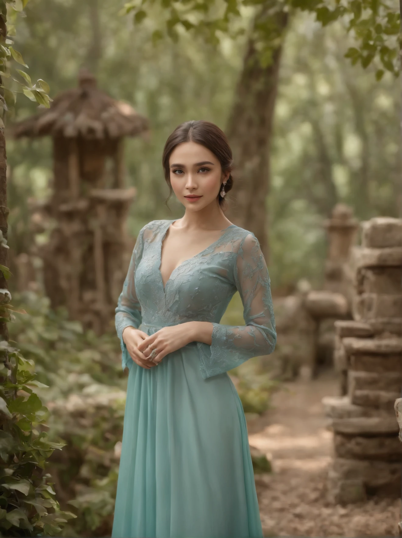 most beautiful girl in the world wearing kebaya and hijab is random act at the fantasy woods, mushroom houses, rendered in 8k resolution, hyper detailed,(Best Quality,4K,8K,hight resolution,masutepiece:1.2),Ultra-detailed,(Realistic,Photorealistic,Photorealsitic:1.37), nffsw,nffsw,Studio Lighting,Ultra-fine painting,Sharp Focus,Physically-based rendering,extreme detail description,Professional,Vivid colors,Bokeh, Portraits,landscape,Soft colors, Warm lighting.