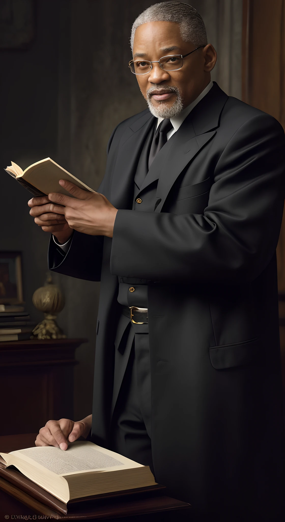 （Movie Premiere Poster 1.8） tmasterpiece，（best qualtiy），highly  detailed，ultra - detailed，(Dynamic pose:1.2),(Dynamic camera)，Will Smith（Will Smith，a old man，old age，grampa，he is about 7 0 years old），Wear a sophisticated haute couture suit，Black shirt，With glasses，Died of old age，Old scholar，professor，wisdom，Gray hair，Gray beard，Emaciated cheeks，Holding a thick book，8K, High definition, Detailed face, Detailed eyes，Hyper-realistic, + cinema shot + Dynamic composition, Incredibly detailed, Sharpen, Details + Superb details + evening with light + perfectionism + award winning realism ((Moody lighting))，Vintage style，Be interviewed，Correct anatomy，two hands