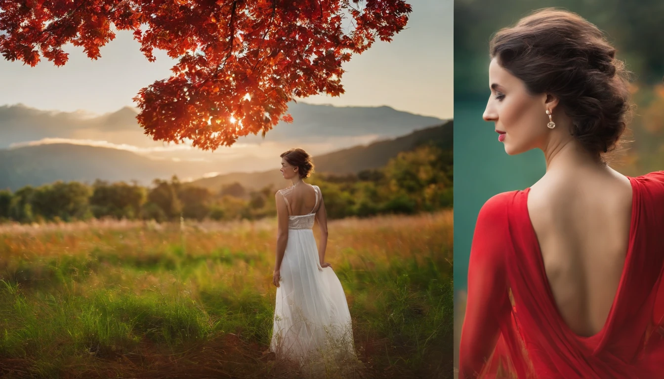 REcreate these images but the woman must show her back, not her face. The woman shows the back of her body to the camera. The woman's face is not visible. The woman must have short, short short hair. The woman must hold one arm up. The background of the second image is perfect