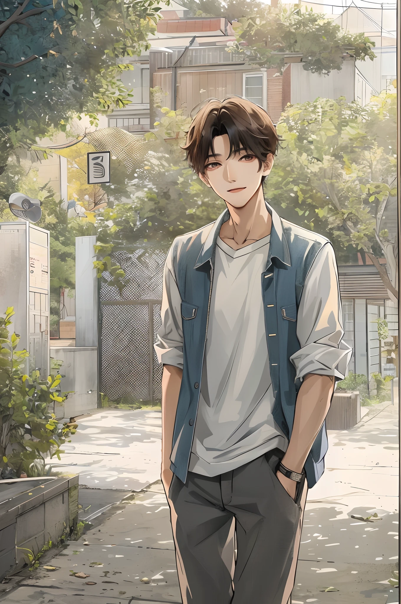 Absurdres masterpiece HDR high quality Picture a young handsome Korean boy from webtoon with warm and friendly features wearing a simple and comfortable casual outfit. He sports a clean, fresh haircut that accentuates his natural good looks, and a smirking face and anime eyes