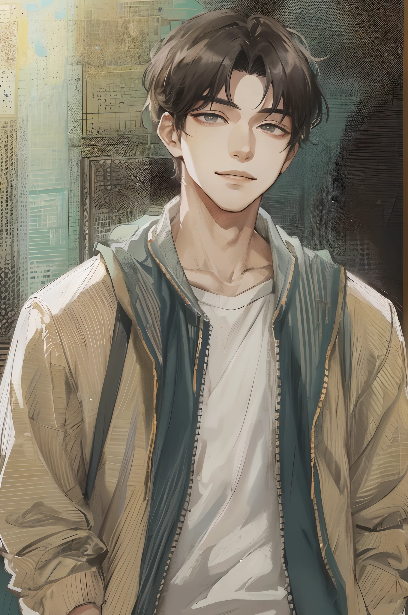 Absurdres masterpiece HDR high quality Picture a young handsome Korean boy from webtoon with warm and friendly features wearing a simple and comfortable casual outfit. He sports a clean, fresh haircut that accentuates his natural good looks, and a smirking face and anime eyes