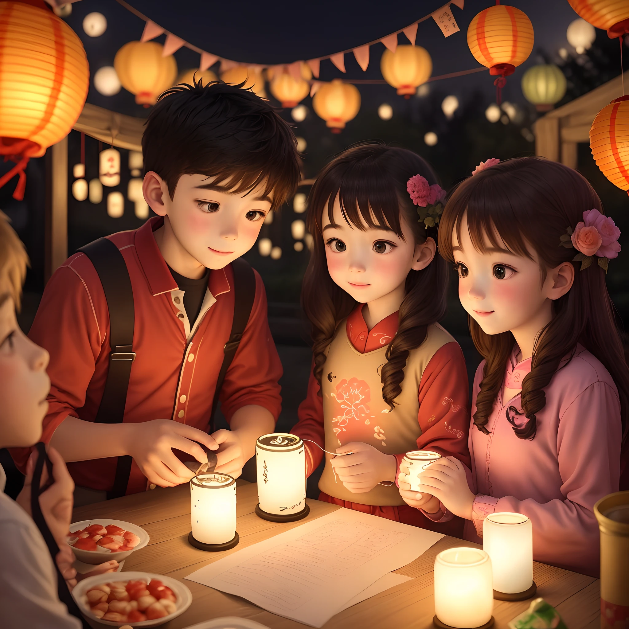 A boy and a girl are decorating lanterns together at the weekend