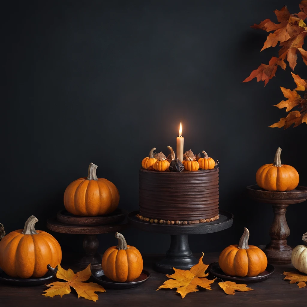 A pumpkin cake.halloween theme,Beautifully decorated,Looks delicious,(Detailed icing), a lit candle, Spooky and seductive, (Autumn leaves), Warm and comfortable atmosphere, (Haunted house decoration), Chocolate ganache, Spooky fudge accessories, (Creative toppings), intricatedesign, ((the bats:1.1),(black cats), Terrible and delicious, Spooky atmosphere, Delicious layer, (The atmosphere of celebration), The subtleties of sin, (Autumn delicacies)。(Best quality,4K,8K,A high resolution,Masterpiece:1.2),Ultra-detailed,(Realistic,Photorealistic,photo-realistic:1.37),