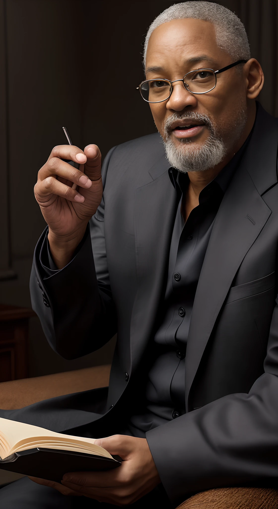 (Movie Premiere Poster 1.8) tmasterpiece,(best qualtiy),highly detailed,ultra - detailed,(Dynamic pose:1.2),(Dynamic camera),Will Smith(Will Smith,a old man,old age,grampa,he is about 7 0 years old),Wear a sophisticated haute couture suit,Black shirt,With glasses,Died of old age,Old scholar,professor,wisdom,Gray hair,Gray beard,Emaciated cheeks,Holding a thick book,8K, High definition, Detailed face, Detailed eyes,Hyper-realistic, + cinema shot + Dynamic composition, Incredibly detailed, Sharpen, Details + Superb details + evening with light + perfectionism + award winning realism ((Moody lighting)),Vintage style,Be interviewed,Correct anatomy,two hands