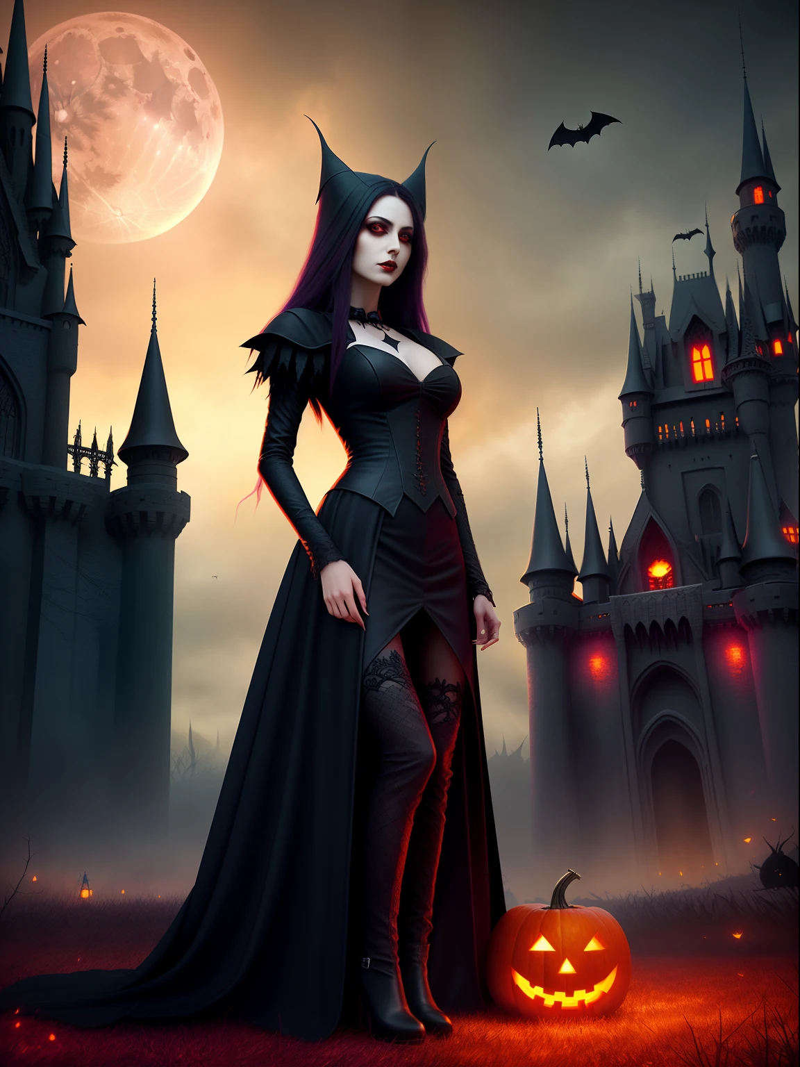 halloween night，Red Moon，the bats，Strange branches，A woman in a black dress stands in front of the castle，Holding a pumpkin in his hand, The terrible Black Autumn Princess, Dark Gothic Girl, beautiful vampire queen, beautiful vampire queen, Gothic girl, gothic fantasy art, dark fantasy style art, fashionable dark witch, Beautiful witch, dark fantasy art, fantasy dark art, Evil witch, scary queen of death, (Best quality,4K,8K,A high resolution,Masterpiece:1.2), Ultra-detailed, (Realistic,Photorealistic,photo-realistic:1.37), hdr, hyper HD, Studio lighting, Ultra-fine painting, Sharp focus, Physically-based rendering, Extreme detail description, professional, Vivid colors, Bokeh, sportrait, landscape, Horror, anime big breast, Sci-fi, Photography, Concept artist, autumn hues, Captivating lighting effects.