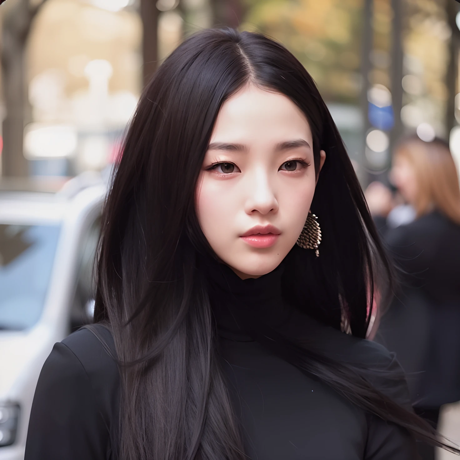 Araffe woman with long black hair and earrings standing in a city, jisoo do blackpink, jossi do blackpink, Retrato Jisoo Blackpink, Jisoo do Blackpink, Retrato de Jossi de Blackpink, jennie blackpink, dilraba dilmurat, Gongbi, Jaeyeon Nam, Jinyoung Canela, Lee Ji - Eun, Lee Ji-eun, Heonhwa Choe