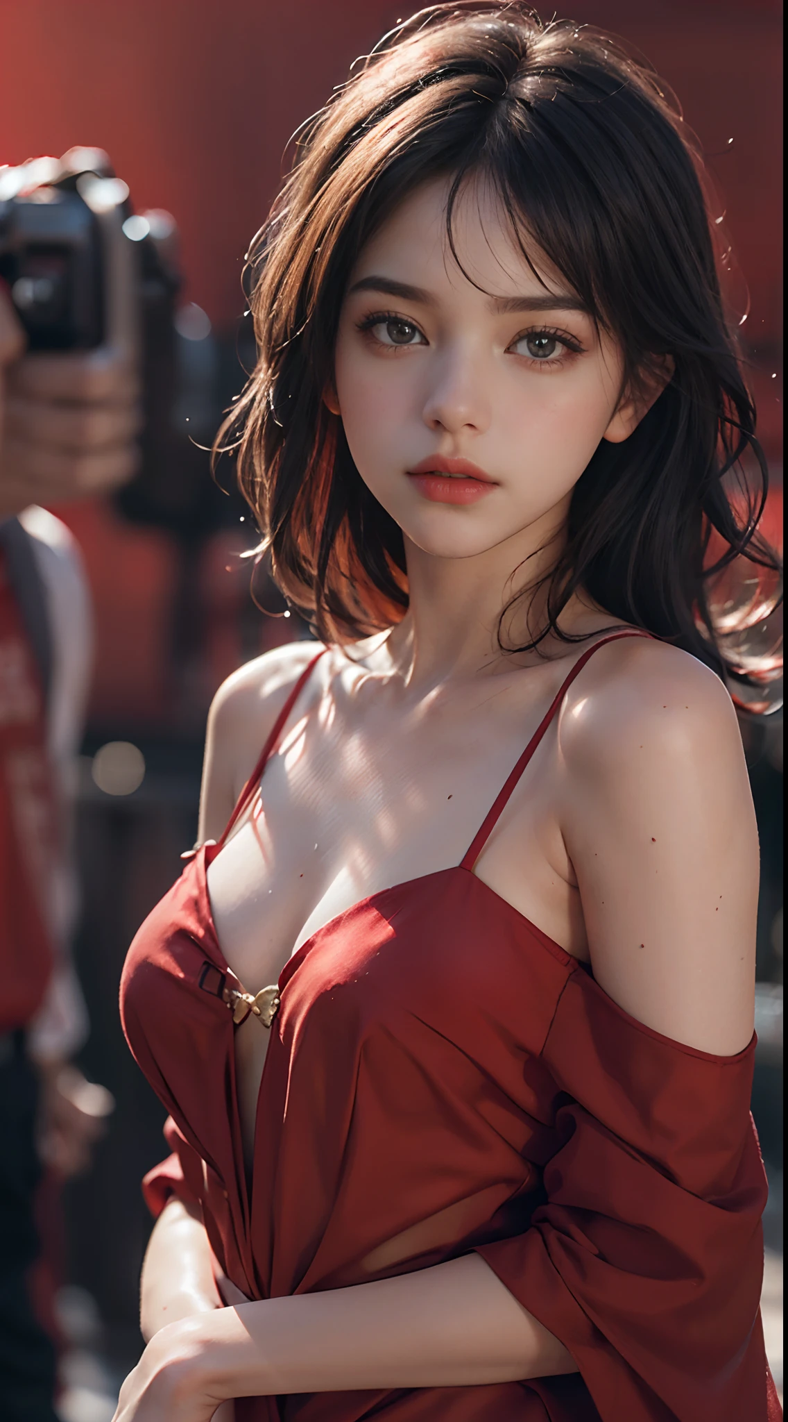Best quality, masterpiece, ultra high res, (photorealistic:1.4), raw photo, close up of 1girl, ((( Selena Gomez: Emma Watson:0.7))) off shoulder, cinematic lighting (Blur Background:1.8), (red Hue:1.5), (Auto focus:1.4)