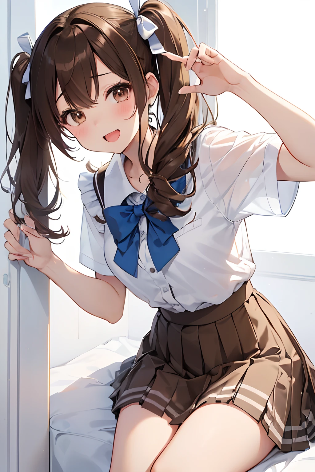 (Highest quality illustrations:1.2), (Kawaii Girl:1.1), (1girl in, 独奏:1.5), (1girl in、14years、childish、One pose、cute little、Neat and clean image、tiny chest:1.5、ultradetailed eyes:1.2)、(small tits,flat breast:1.1)、((Brown-eyed、Brown hair:1.5))、(shorth hair)、hair wavy、curlyhair、bangss、low twintails、short twintails、 (high-school uniform、summer clothing、Sleeveless、(white shirt)、Light blue ribbon、Checked pleated skirt)、taken from the under、low angles、pantyshot、,The upper part of the body、huge smile、Open mouth、hi、Brown hair、shorth hair、hair wavy、low twintails、BREAK(top-quality、ultra-detailliert、highly detailed and beautiful、超A high resolution、Detailed arm:1.2)、Rear view、a closeup、bustup, Wink