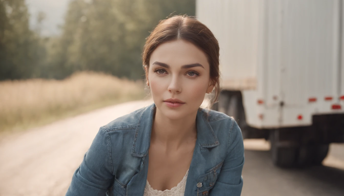 Cinematic portrait, ((Upper body)), Facing the audience, (reality :1.3), most beautiful artwork photo in the world, A woman looks at the camera, Vintage denim outfits, a truck driver woman, Detailed beautiful face, action shot, (Intricate :1.4), sitting in a Scania truck, photograph realistic, In the daytime, CG, art stand