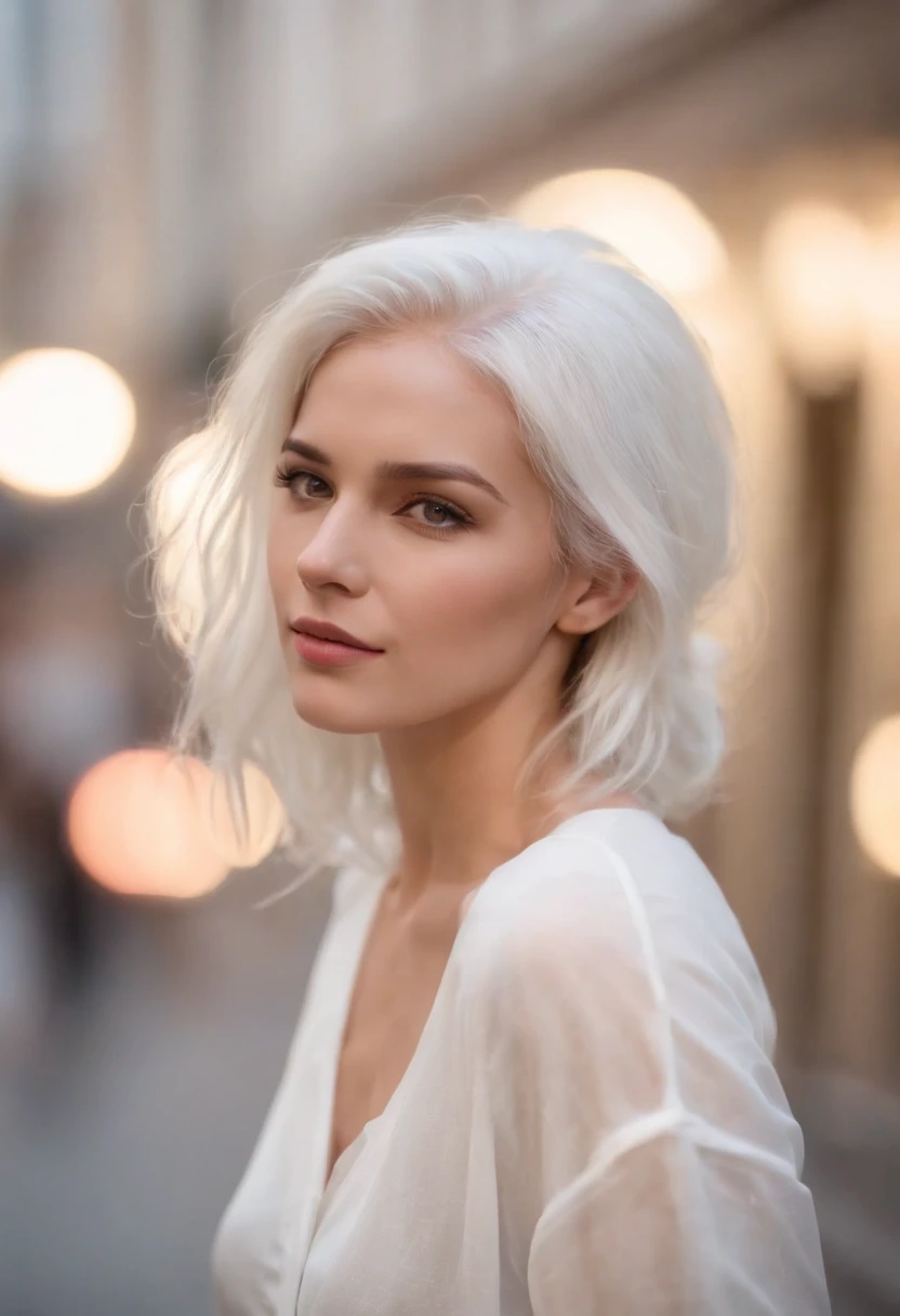 There's a woman with white hair and street clothes posing, corpo inteiro, Modelo feminina de 24 anos, menina do cabelo prateado, menina com cabelo branco, Posando, menina com cabelo branco curto, In the light of a building, it is night time, Ultra sharp focus, Filmagem realista, Women's clothing
