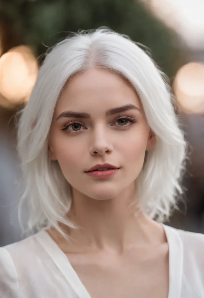 There's a woman with white hair and street clothes posing, corpo inteiro, Modelo feminina de 24 anos, do cabelo prateado, meninaabelo branco, Posando, menina com cbranco curto, In the light of a building, it is night time, Ultra sharp focus, Filmagem realista, Women's clothing
