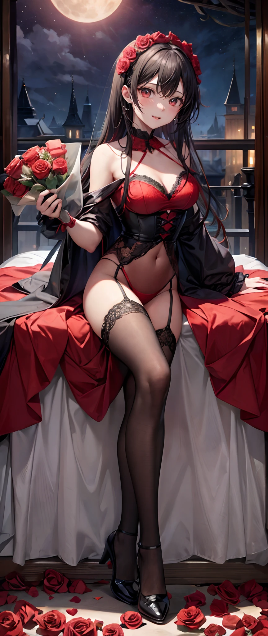 absurderes, ultra-detailliert,bright colour,(in 8K:1.3),masuter piece,extremely beautiful detailed face and eyes,full body Esbian、(horor)、put out the tongue、Valley、cabelos preto e longos、red eyes、Starry sky and full moon,Red underwear、Black cloak、(double tooth)、Bedroom in Devil's Castle,(Celebrate with a bouquet of red roses:1.3)
