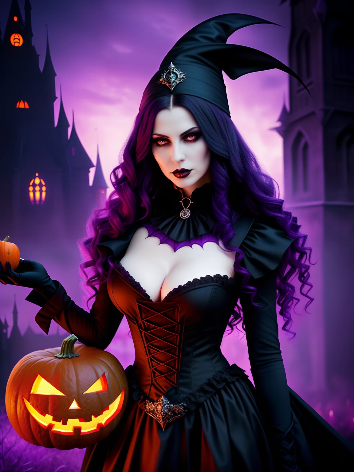 halloween night，Big breasts and big breasts ，A woman in a black dress stands in front of the castle，Holding a pumpkin in his hand, lovely dark autumn princess, Dark Gothic Girl, beautiful vampire queen, Gothic girl, gothic fantasy art, beautiful vampire queen, dark fantasy style art, fashionable dark witch, Beautiful witch, dark fantasy art, Wonderful dark art, Sinister witch witch, scary queen of death, Masterpiece:1.2, Ultra-detailed, Realistic:1.37, High-res, Vivid colors, Studio lighting, Black and purple tones, Dramatic lighting"