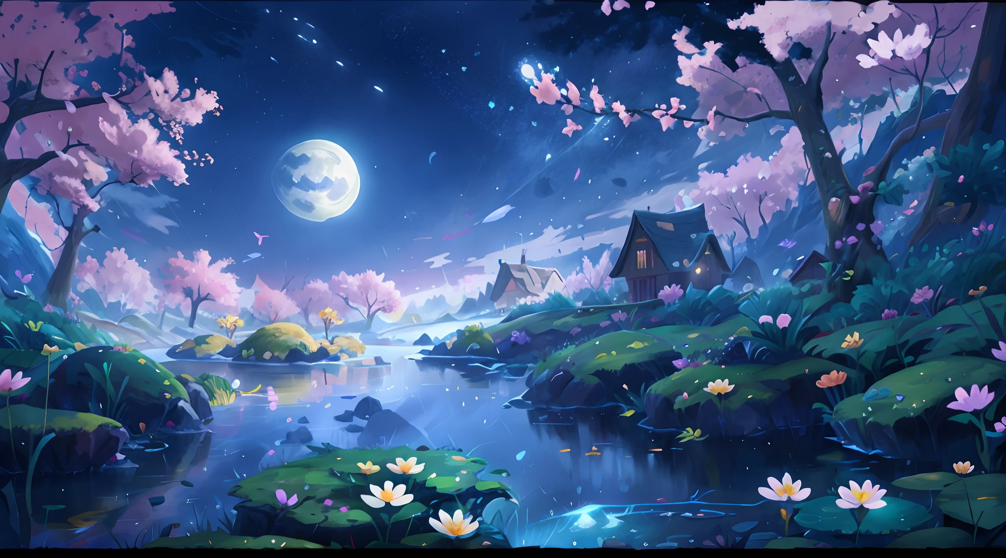 Spring River flower moonlit night