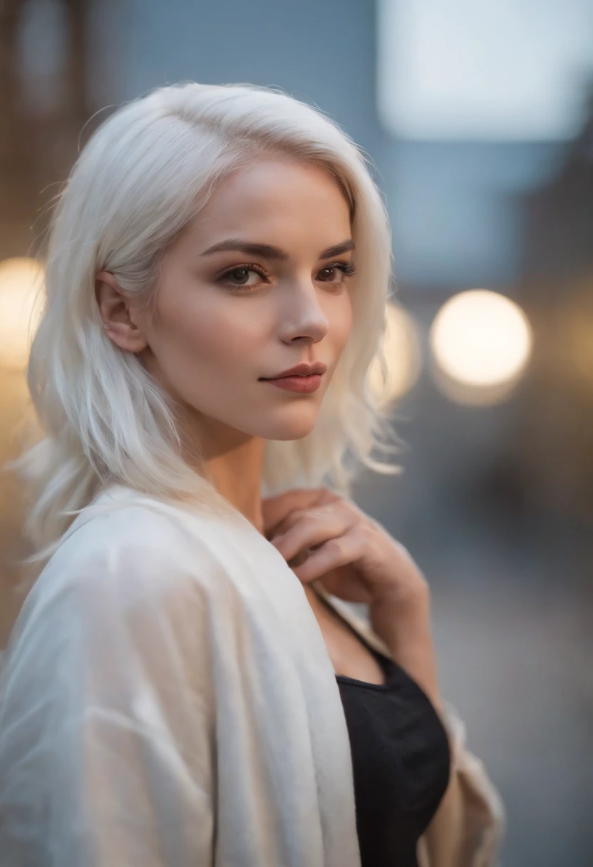 There's a woman with white hair and street clothes posing, sorrindo, corpo inteiro, Modelo feminina de 24 anos,  do cabelo prateado, meninaabelo branco, Posando, menina com cbranco curto, In the light of a building, it is night time, Ultra sharp focus, Filmagem realista, Women's clothing
