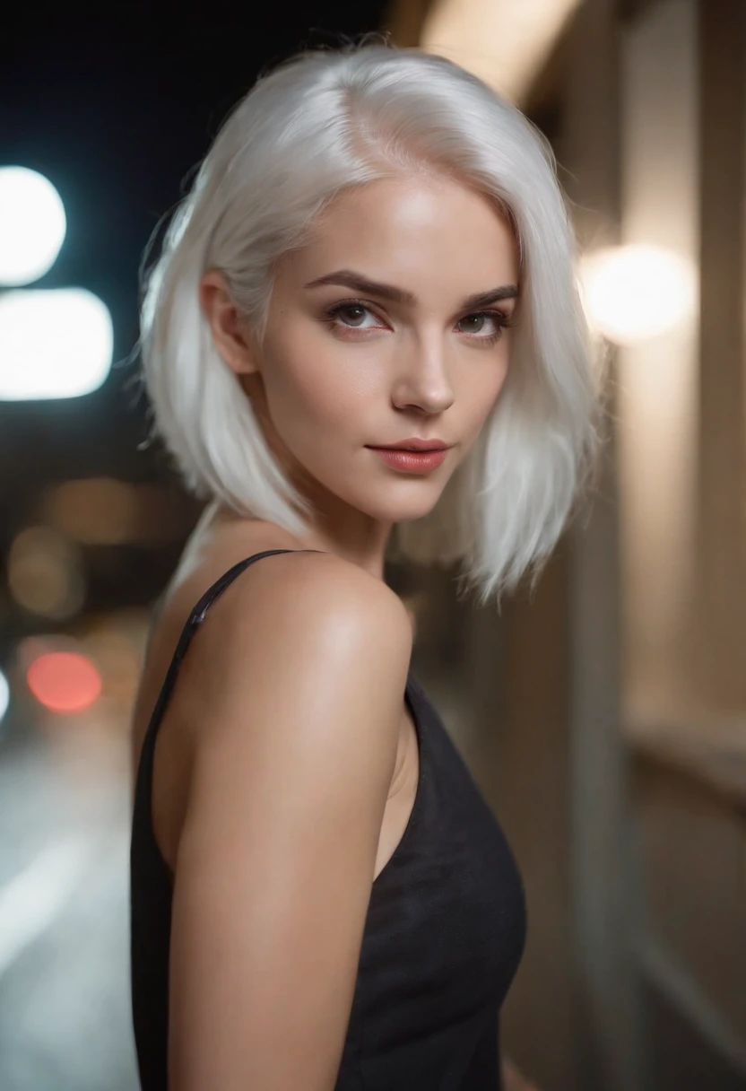 There's a woman with white hair and street clothes posing, sorrindo, corpo inteiro, Modelo feminina de 24 anos, menina do cabelo prateado, menina com cabelo branco, Posando, menina com cabelo branco curto, In the light of a building, it is night time, Ultra sharp focus, Filmagem realista, Women's clothing