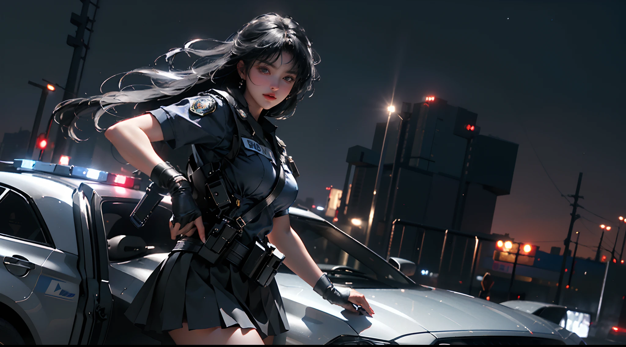 (RAW photo, 4k, masterpiece, high resolution, extremely complex) (realistic: 1.3), cinematic lighting Delicate girl with facial features, oversized, sexy body, protruding and upturned
1 female policeman blue police uniform uniform black wrapped short skirt, handsome action with batons, night scene, movie shot, white skin, panoramic police car next to it
