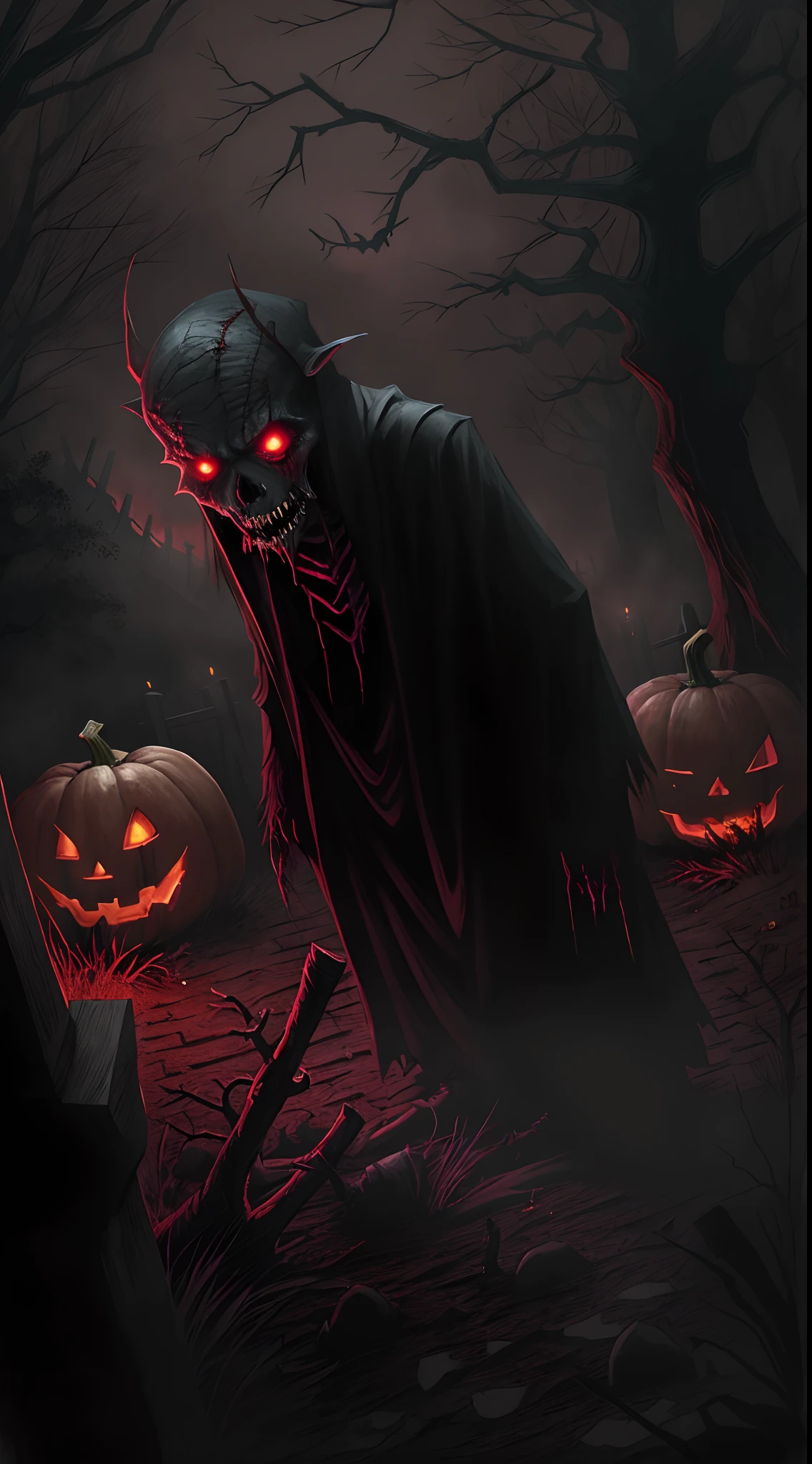 (dark, spooky atmosphere,horror),pumpkin head Freddy,emerging from the grave,vivid colors,creepy lighting,horror movie vibe,halloween night,horrifying facial features,long sharp teeth,glowing eyes,scary expression,bloody wounds,scary Halloween costume,bats flying in the background,full moon,haunted graveyard,ominous shadows,gravestones,creepy trees,wisps of fog,haunting presence,nightmarish imagery,terrifying atmosphere,frightening aura,bone-chilling scene,demonic presence,menacing vibe,spine-chilling details,frightful transformation,chilling sound effects,bloodcurdling scream,cold shivers,goosebumps-inducing artwork.