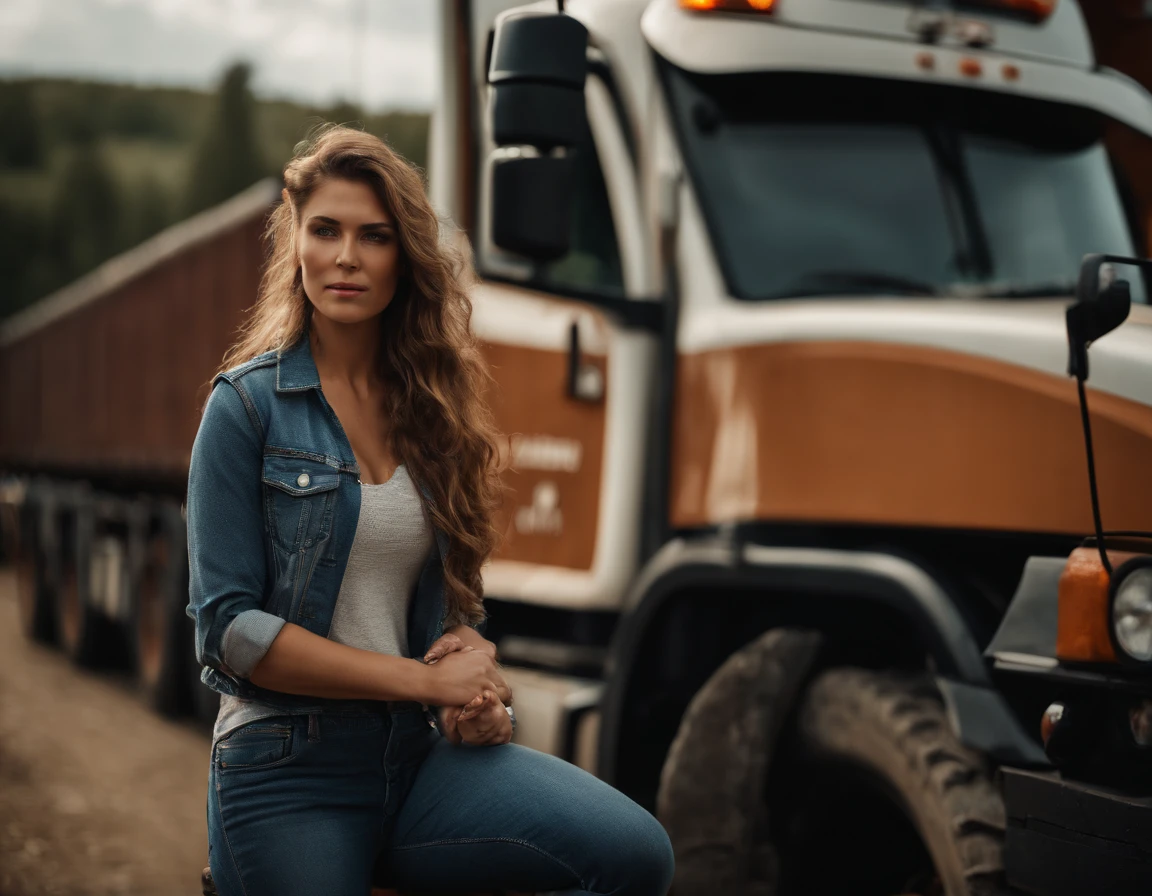 Cinematic portrait, ((Upper body)), woman as truck driving, driving truck, Facing the audience, (reality :1.3), most beautiful artwork photo in the world, A woman looks at the camera, Vintage denim outfits, a truck driver woman, Detailed beautiful face, action  shot, (Intricate :1.4), sitting in a Scania truck, photograph realistic, In the daytime, CG, art stand