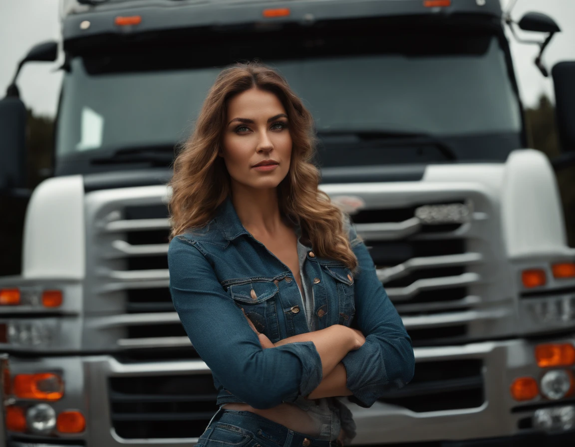 Cinematic portrait, ((Upper body)), woman as truck driving, driving truck, Facing the audience, (reality :1.3), most beautiful artwork photo in the world, A woman looks at the camera, Vintage denim outfits, a truck driver woman, Detailed beautiful face, action  shot, (Intricate :1.4), sitting in a Scania truck, photograph realistic, In the daytime, CG, art stand