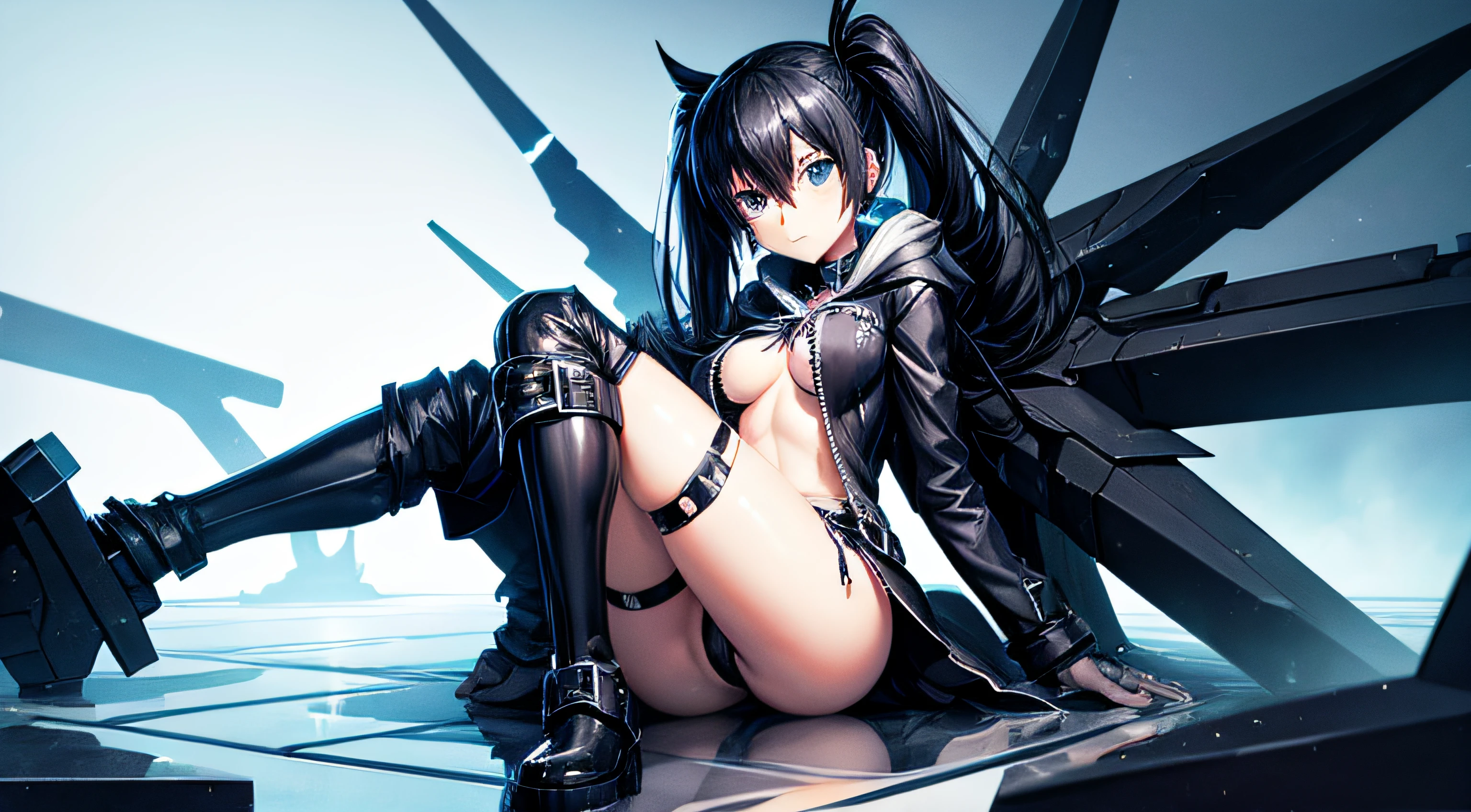 black rock shooter the game, anime girl, spread legs, nice atmosfera, nice contraste,