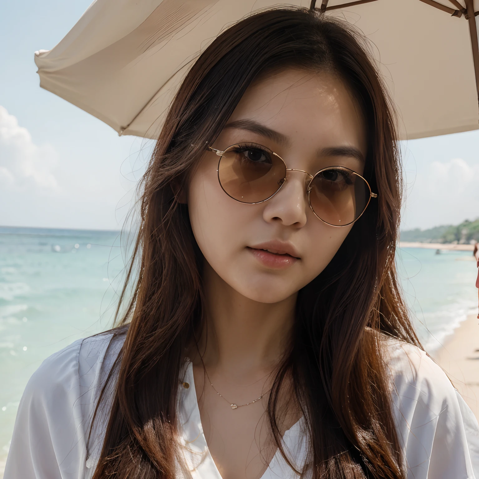 (masterpiece, best quality, ultra high res, beautiful detailed hair detailed face, perfect feminine face), there is a woman with long hair and a white blouse wearing sunglasses, an asian woman, asian girl, a young asian woman, south east asian with round face, asian female, beautiful asian girl, beach background