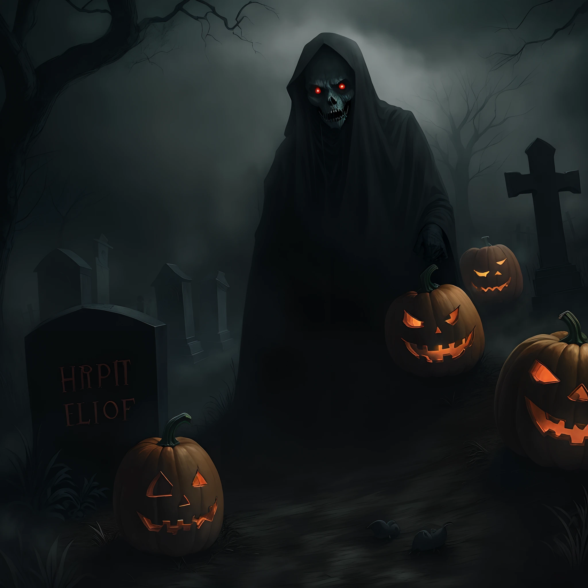 (Dark, Spooky atmosphere,Horror),Pumpkin Head Freddie,Coming out of the grave,Vivid colors,Creepy lighting,Horror movie atmosphere,halloween night,Terrible facial features,Long sharp teeth,Glowing eyes,Scary expression,bloody wounds,Scary Halloween costumes,Bats flying in the background,full moon,Haunted graveyard,Ominous Shadows,grave stones,Creepy trees,Wisps of mist,An unforgettable presence,Nightmarish images,Terrifying atmosphere,Scary aura,Creepy scene,The presence of demons,Menacing vibes,Creepy details,Terrible transformation,Creepy sound effects,Creepy screams,Cold,Goosebump-inducing artwork.