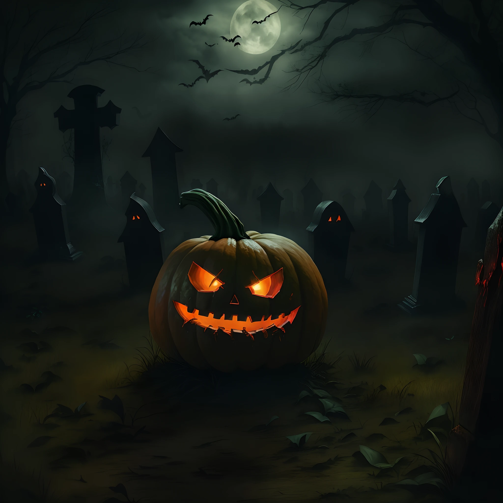 Halloween poster, wide graveyard, skeletons, pumpkins, bats, dim, realistic ray tracing