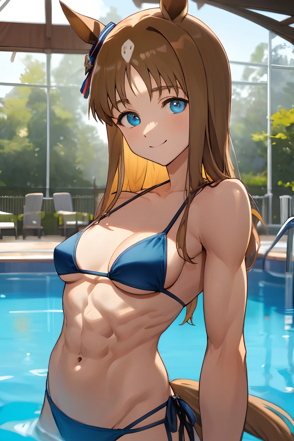 grass wonder \(umamusume\), masterpiece, best quality, ultra-detailed face, muscular, abs,frontage, upper body, plain bikini, horse tail, detailed clear eyes, slender, pool, smile,