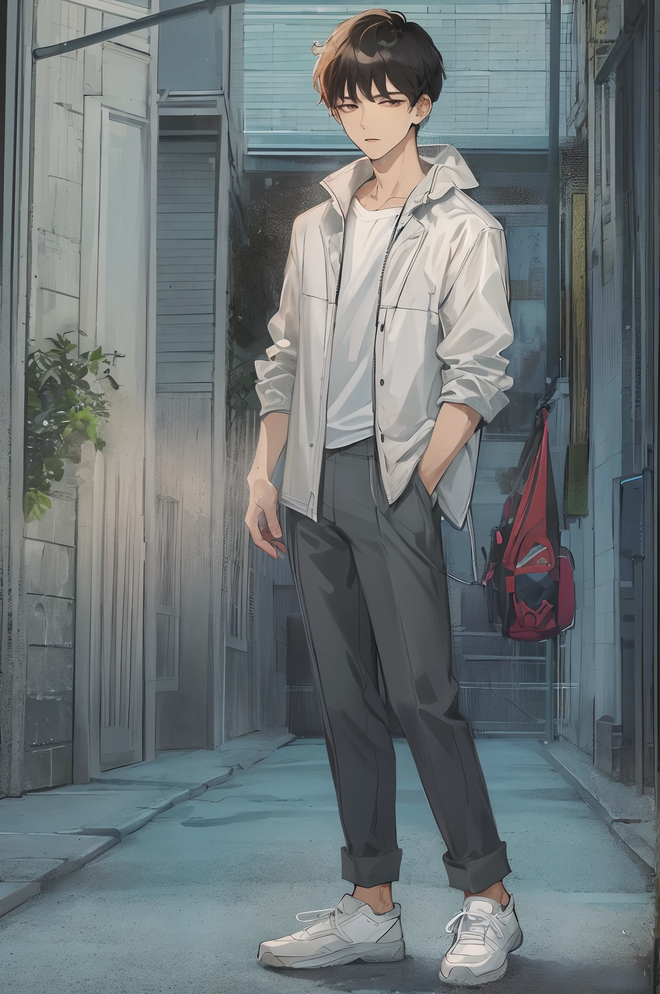 Absurdres masterpiece HDR high quality Picture a young handsome Korean boy from webtoon with warm and friendly features wearing a simple and comfortable casual outfit. He sports a clean, fresh haircut that accentuates his natural good looks, and a serious face and anime eyes