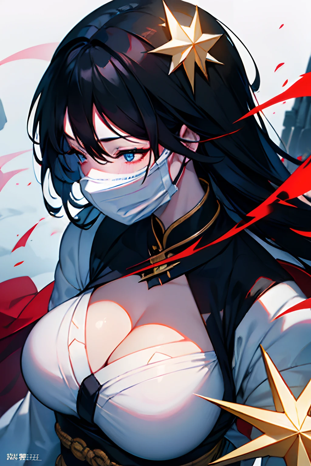 a close up of a woman with black hair and a ((white mask)), beautiful character painting, guweiz, artwork in the style of guweiz, black haired deity, by Yang J, epic exquisite character art, stunning character art, by Fan Qi, by Wuzhun Shifan, guweiz on pixiv artstation, ((Shuriken pattern))