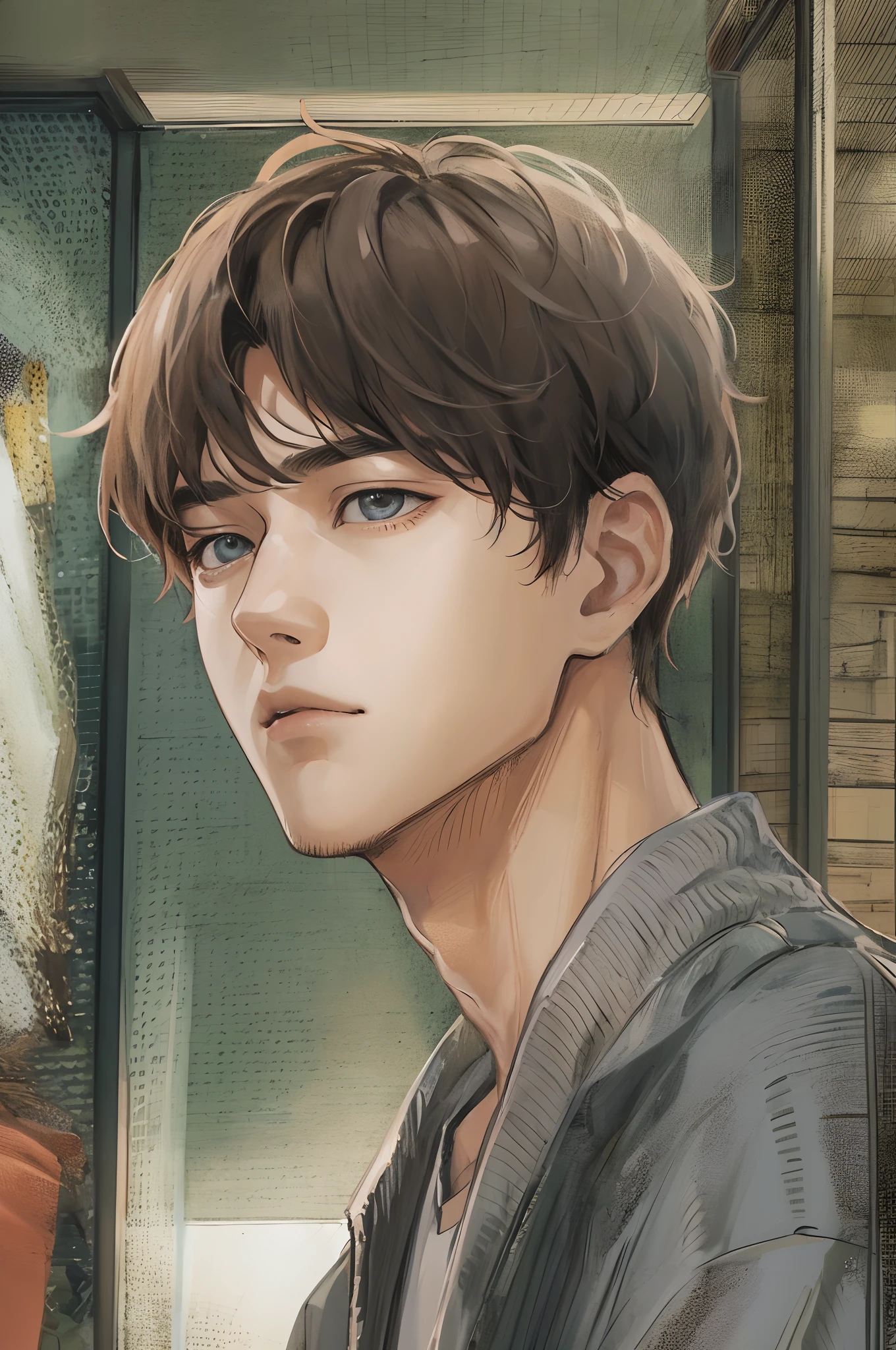 Absurdres masterpiece HDR high quality Picture a young handsome Korean boy from webtoon with warm and friendly features wearing a simple and comfortable casual outfit. He sports a clean, fresh haircut that accentuates his natural good looks, and a serious face and anime eyes