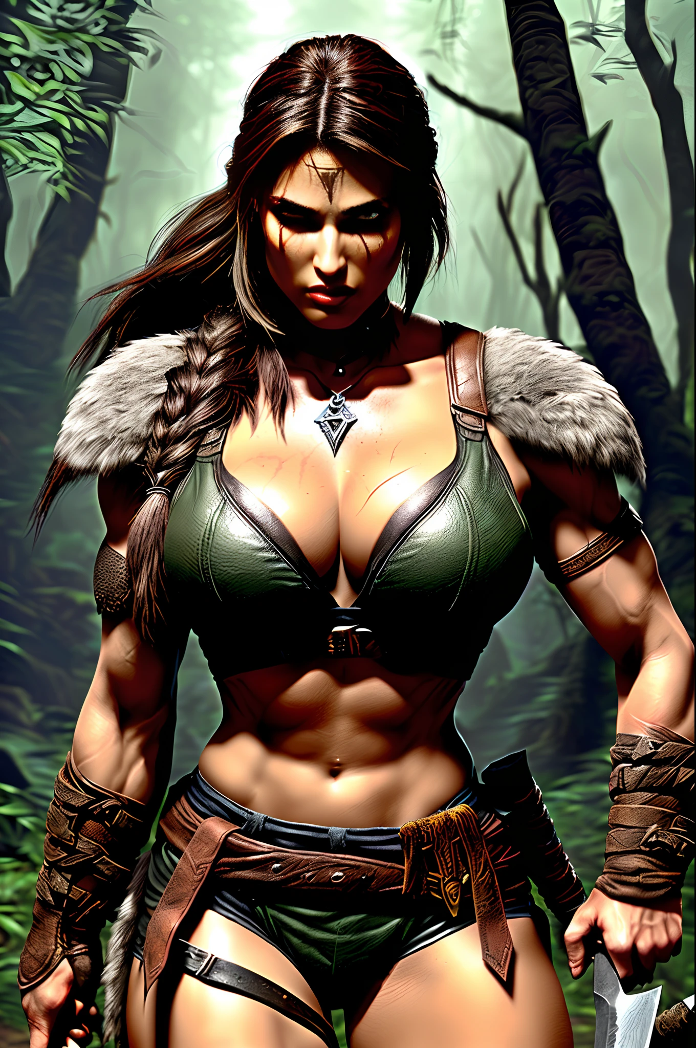 a close up of a woman with a knife in a forest, a very beautiful berserker woman, forest hunter lady, female barbarian, muscular sweat lara croft, female warrior, from vermintide 2 video game, massive perfect breast,portrait of a barbarian female, tomb raider beautiful, very beautiful female barbarian, muscular warrior women, beautiful female warrior, female vampire warrior, barbarian warrior woman